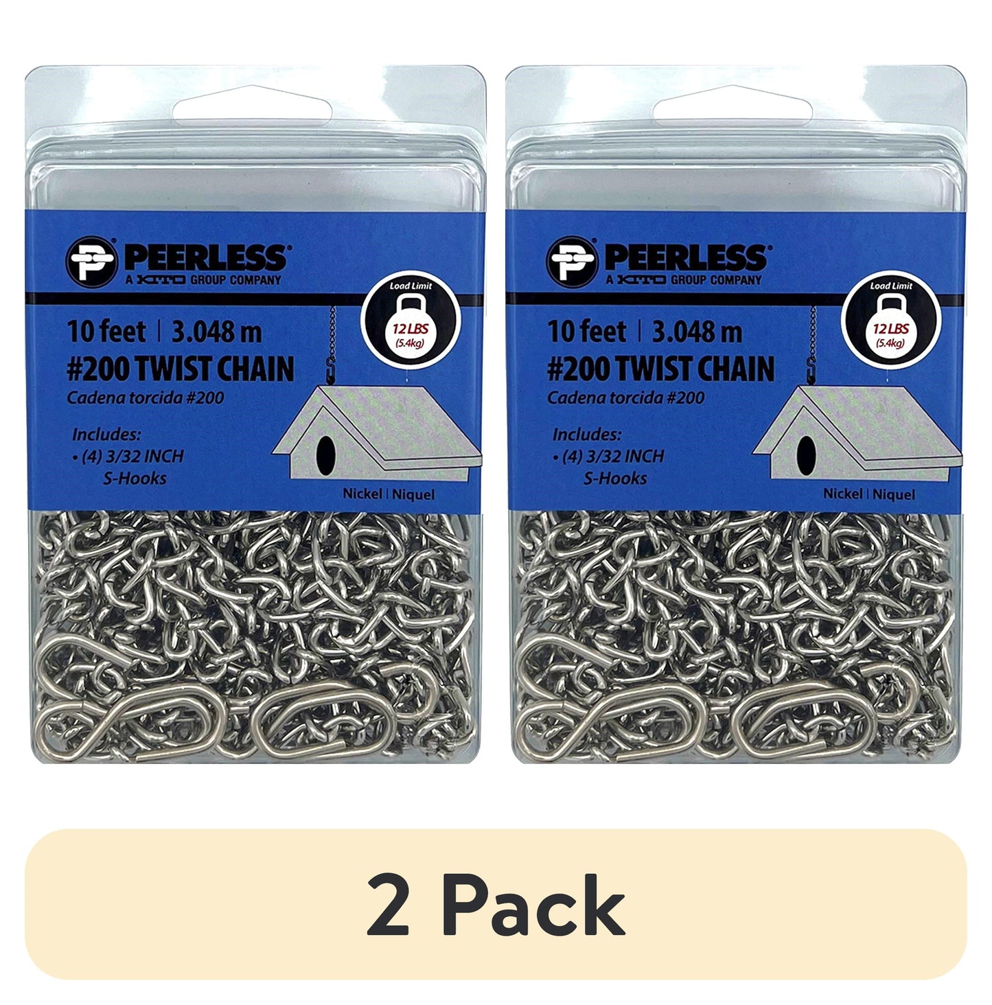 #200 Twist Chain with 4 S-Hooks, 10 feet, Peerless Chain Company #4840510, Nickel finish