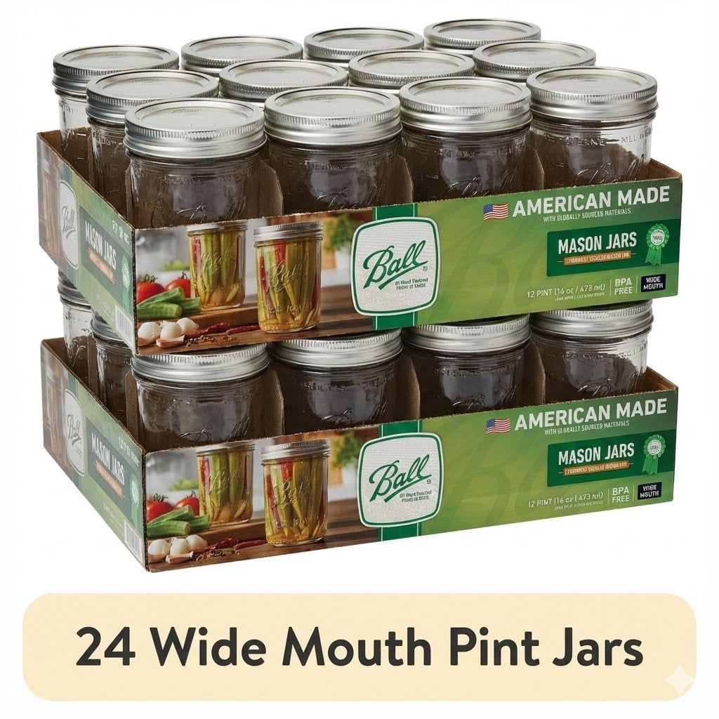 (2 pack) Ball, Glass Mason Jars with Lids & Bands, Wide Mouth, Clear, 16 oz, 12 Count