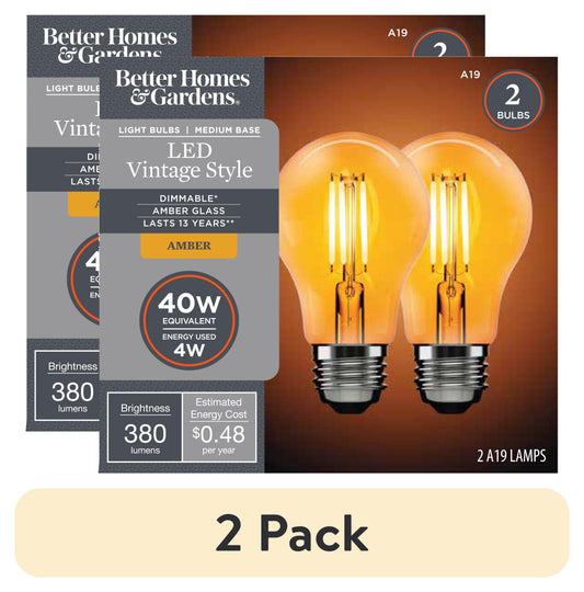 (2 pack) Better Homes & Gardens A19 Vintage LED Amber Light Bulb, 40W Eqv, Dim, E26, Amber Finish - 2 Pk