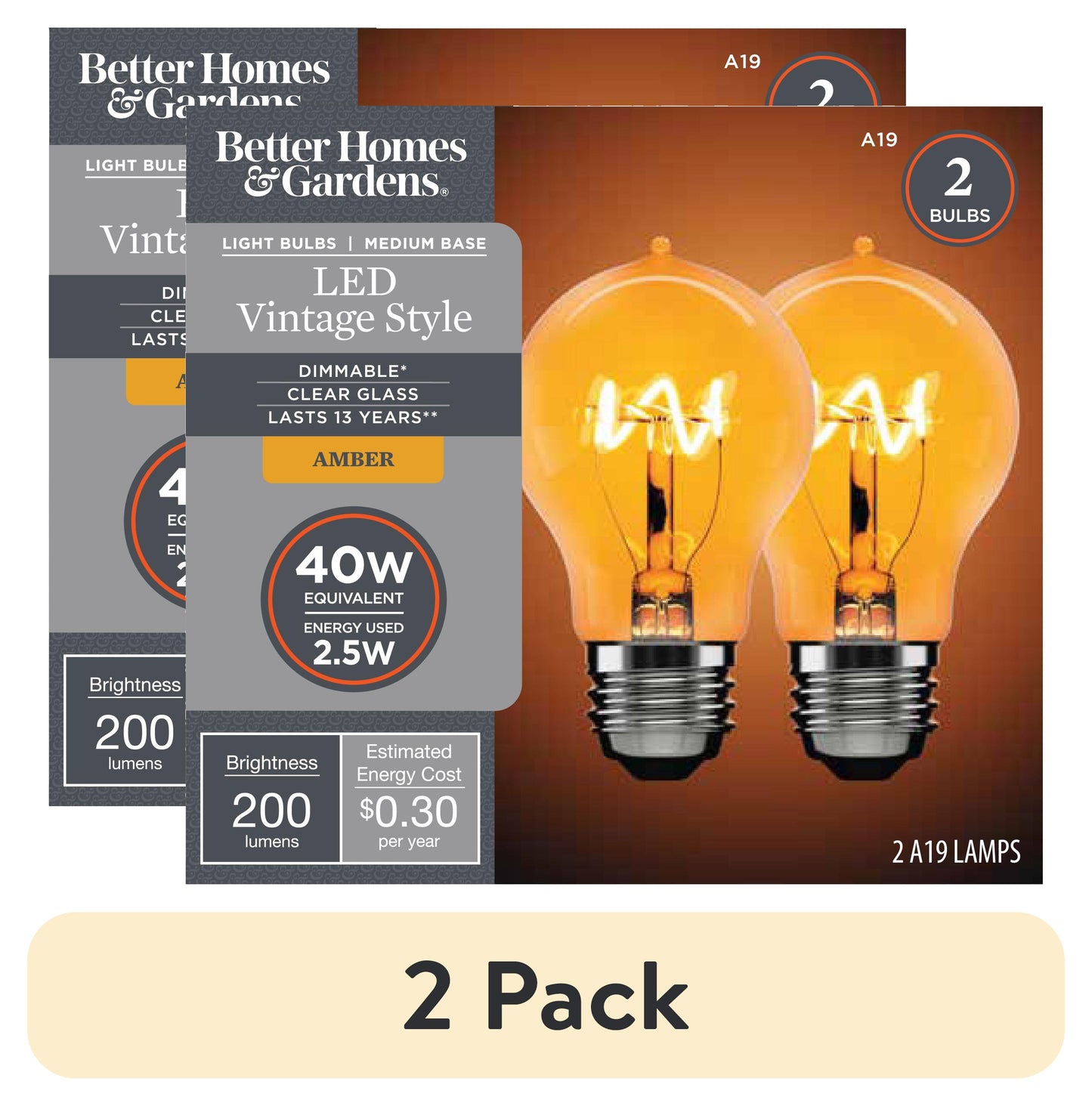 (2 pack) Better Homes & Gardens A19 Vintage LED Light Bulb, 40 Watts Equivalent, Dim, Gold Tip Classic Filament, Amber - 2 Pk