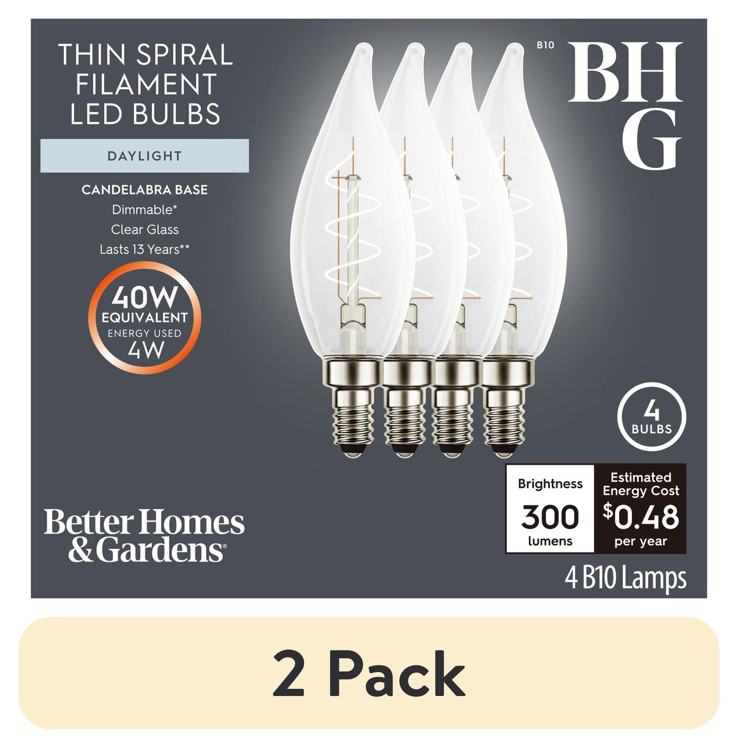(2 pack) Better Homes & Gardens B10 LED Vintage Light Bulb, 4 Watts (40W Equivalent), Daylight, Thin Filament, E26, 4PK