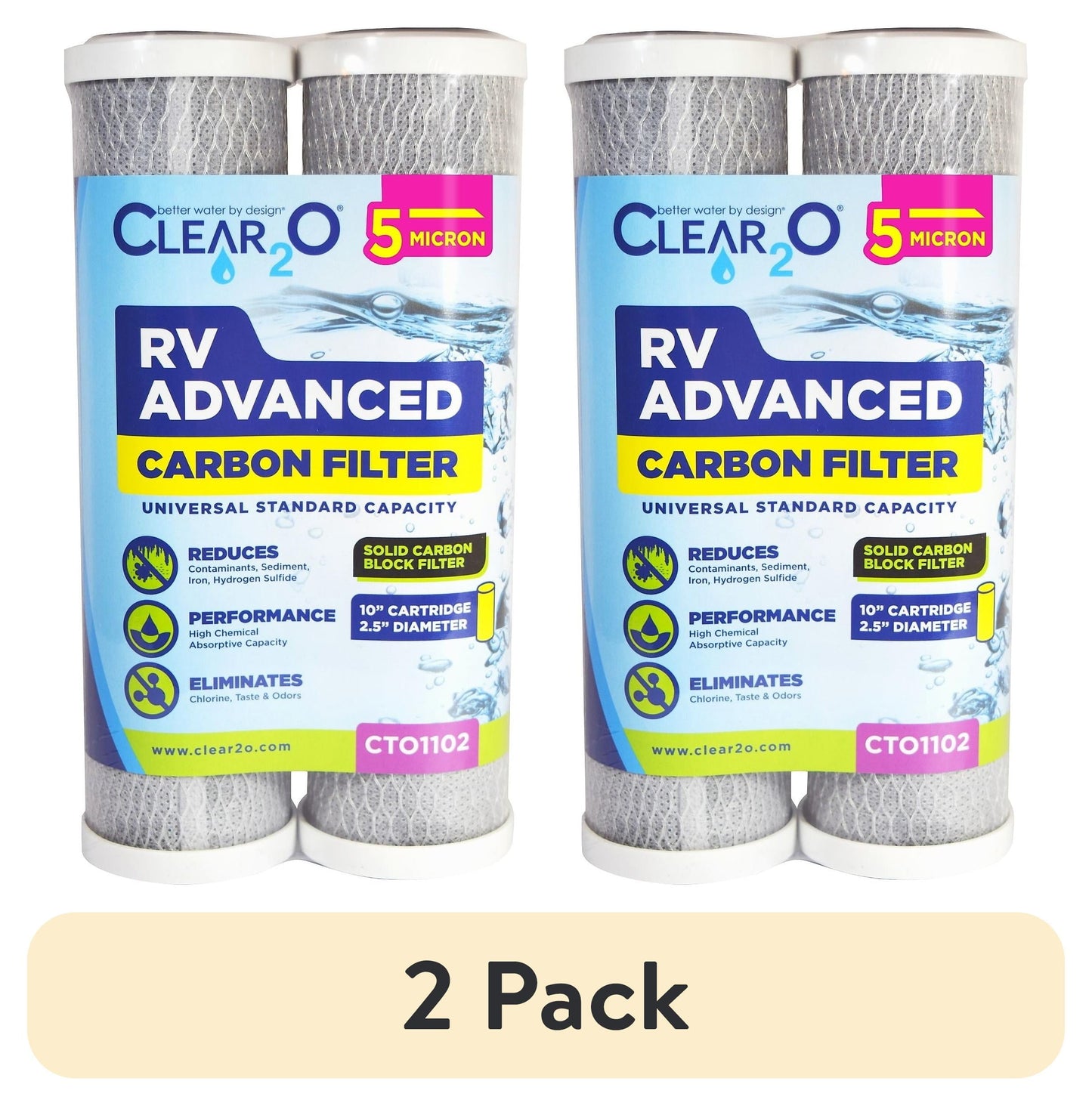 (2 pack) CLEAR2O RV Advanced Solid Carbon Universal Filter, 5 MICRON, 2 Pack, White, 10" x 2.5", Reduces Heavy Metals, Chlorine, Bad Taste & Odors (CTO1102)
