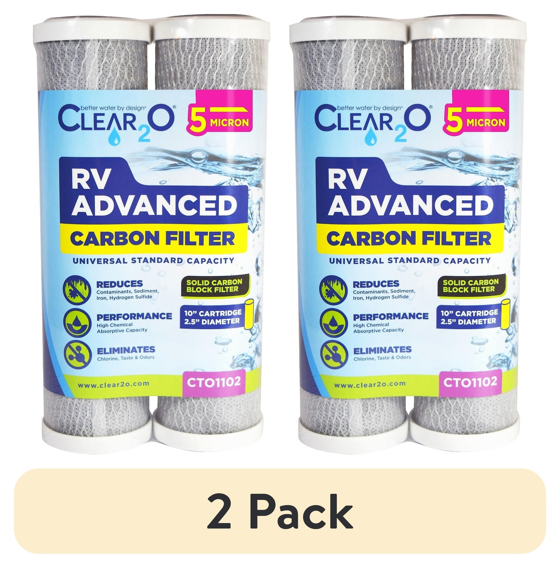 (2 pack) CLEAR2O RV Advanced Solid Carbon Universal Filter, 5 MICRON, 2 Pack, White, 10" x 2.5", Reduces Heavy Metals, Chlorine, Bad Taste & Odors (CTO1102)