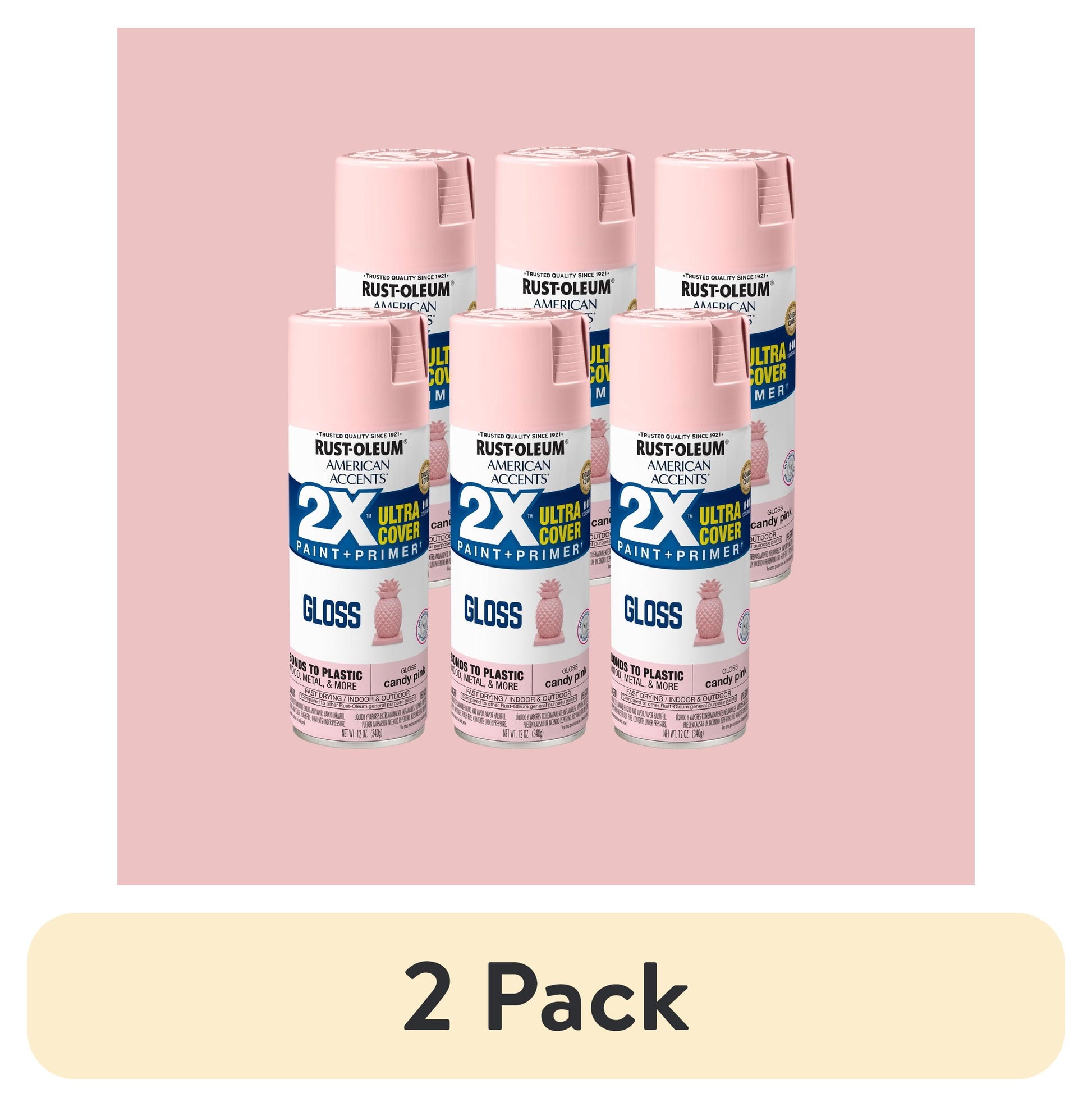 (2 pack) 6 Pack, Candy Pink Rust-Oleum American Accents 2X Ultra Cover Gloss Spray Paint-327885, 12 oz