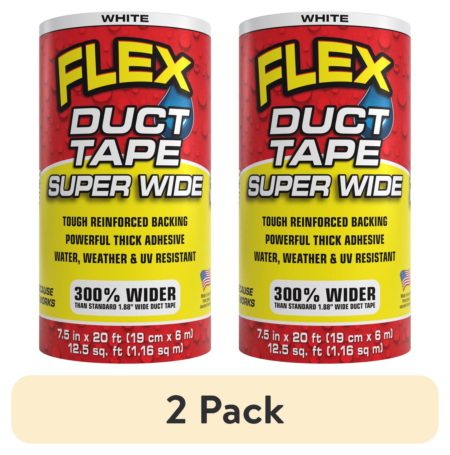 (2 pack) Flex Duct Tape Powerful Thick Weatherproof Adhesive and UV Resistant, 7.5" x 20 feet, White