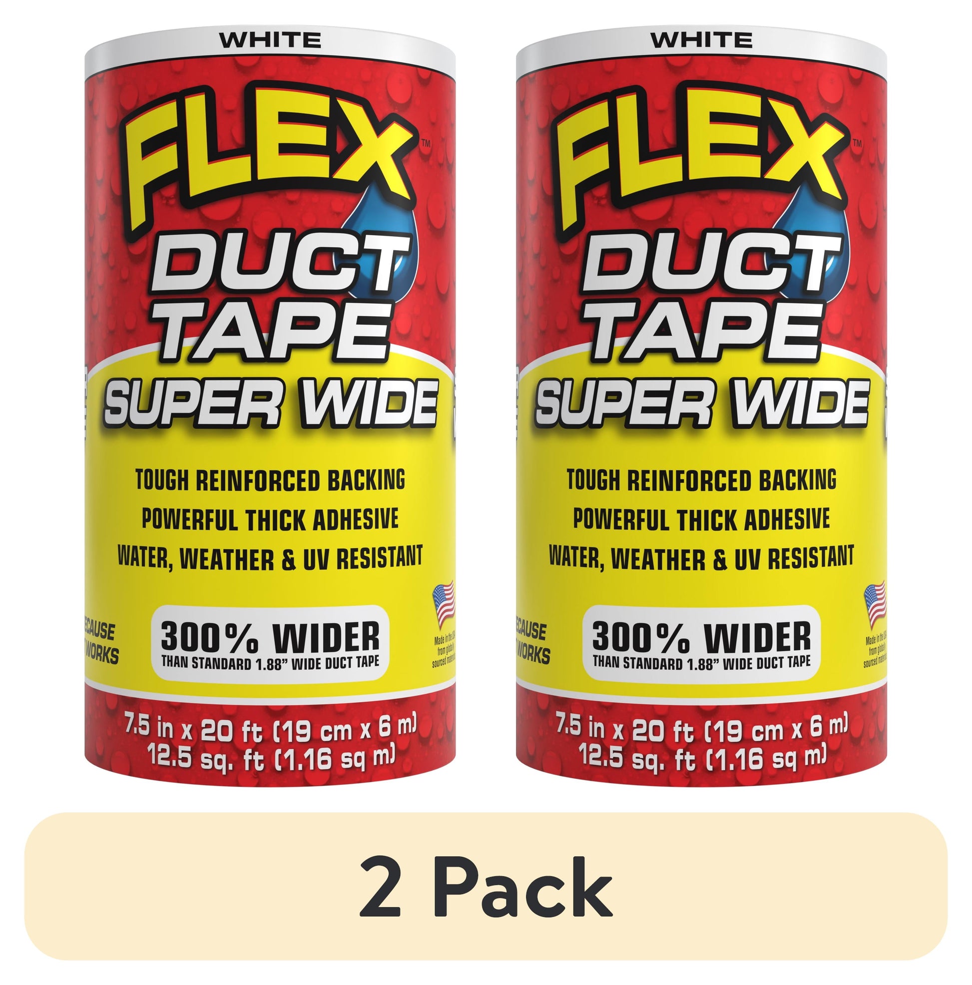 (2 pack) Flex Duct Tape Powerful Thick Weatherproof Adhesive and UV Resistant, 7.5" x 20 feet, White