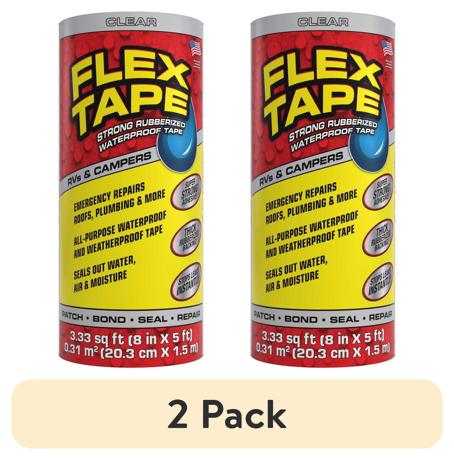 (2 pack) Flex Tape Rubberized Waterproof Tape - Ideal for RVs, Boats, and Home Repairs - 8 in x 5 ft, Clear