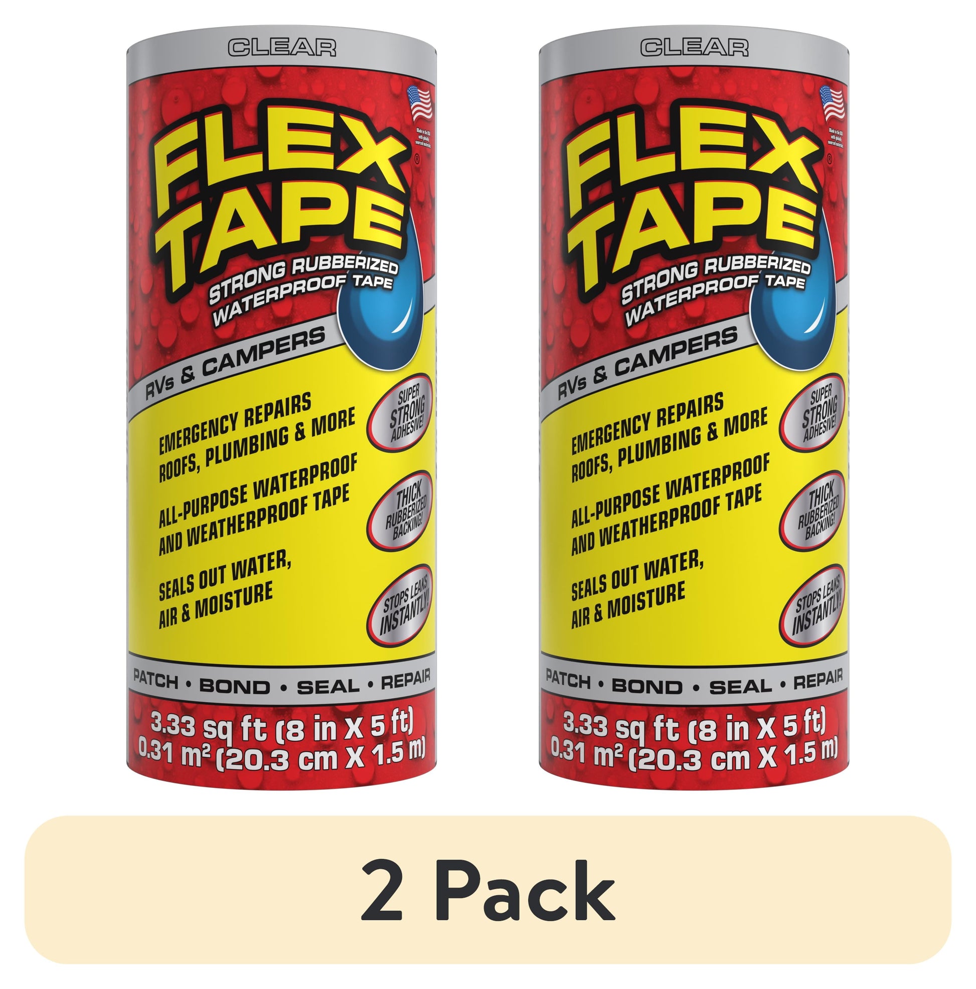 (2 pack) Flex Tape Rubberized Waterproof Tape - Ideal for RVs, Boats, and Home Repairs - 8 in x 5 ft, Clear