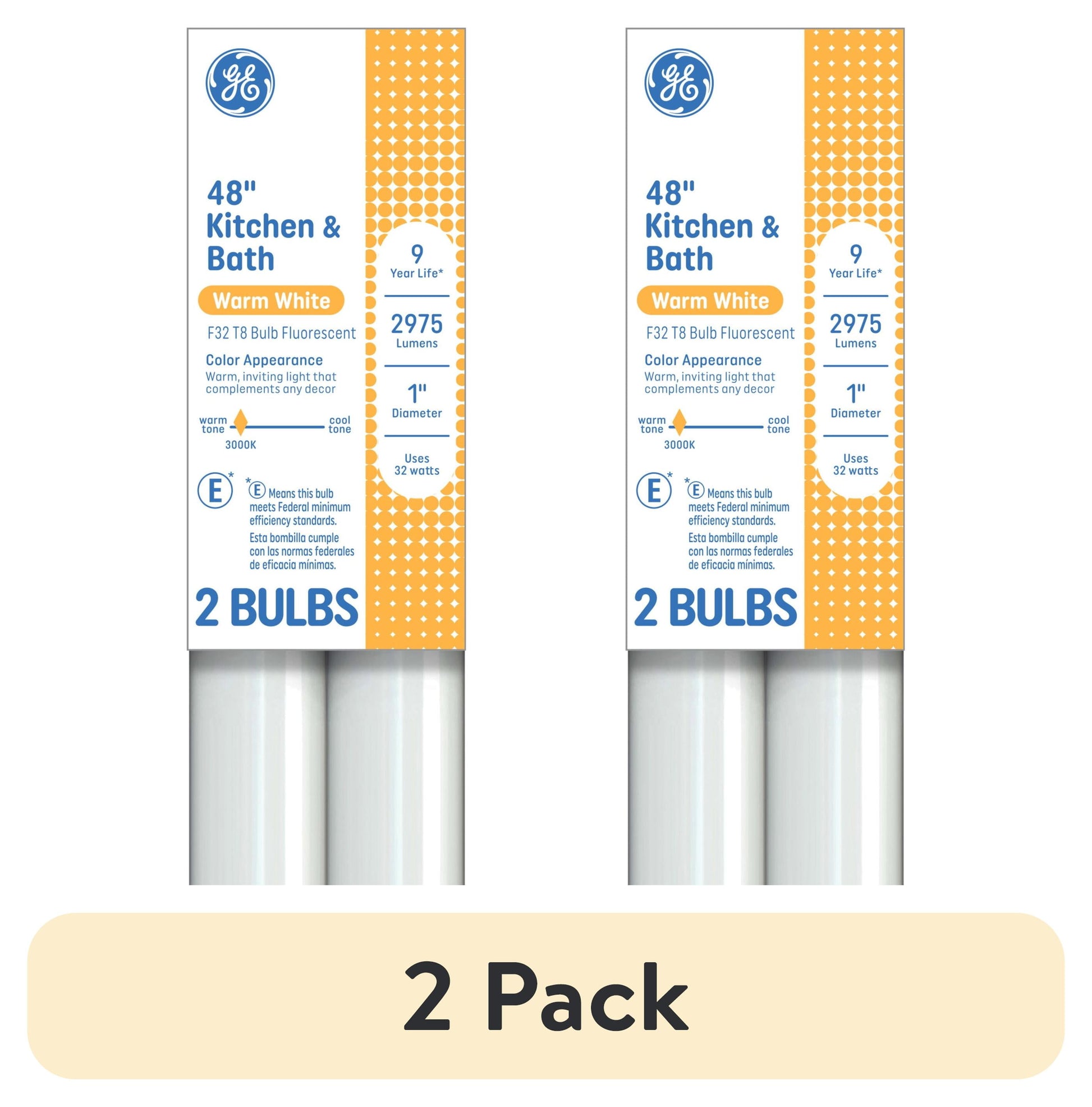 (2 pack) GE Fluorescent Tube Light Bulbs, 32 Watt, Warm White, 48in, T8 Bulb, G13 Base, 2pk