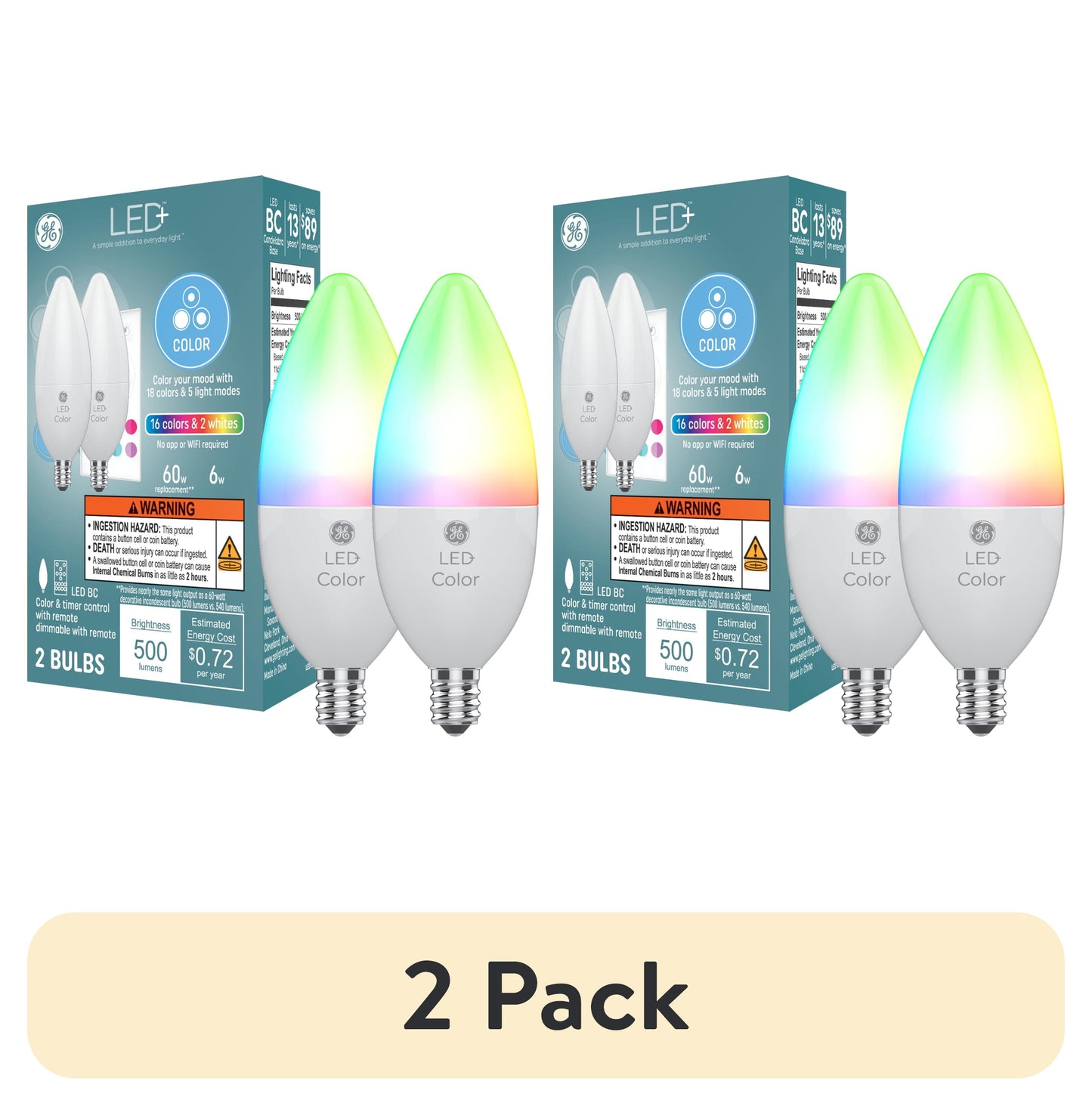 (2 pack) GE LED+ Color Changing LED Light Bulbs, 60 Watt, Decorative Bulbs, E12 Small Base, 2pk