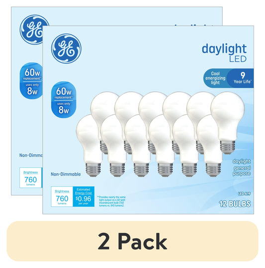 (2 pack) GE LED Light Bulbs, 60 Watt, Daylight, A19 Bulbs, Medium Base, Frosted Finish, 9yr, 12 Pack