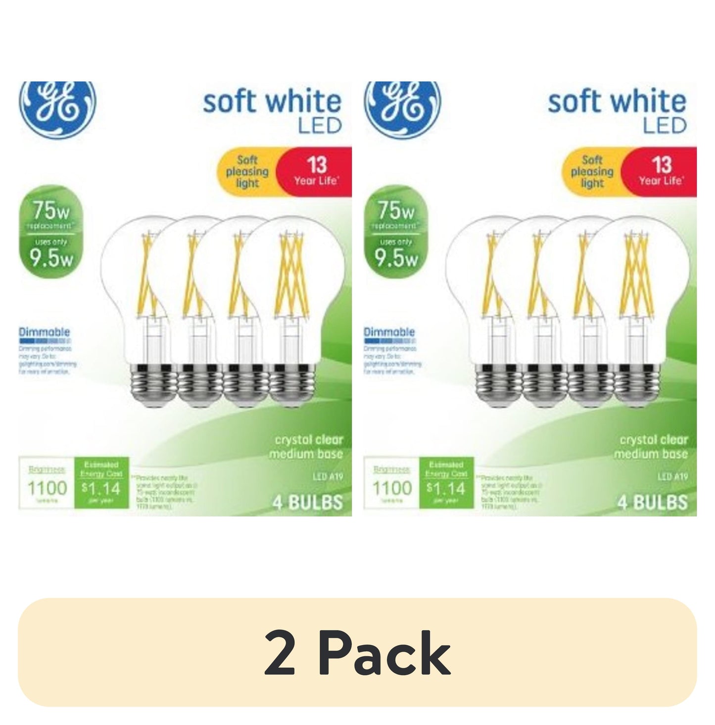 (2 pack) GE LED Light Bulbs, 75 Watt, Soft White, A19 Bulbs, Medium Base, Clear Finish, 13yr, 4pk