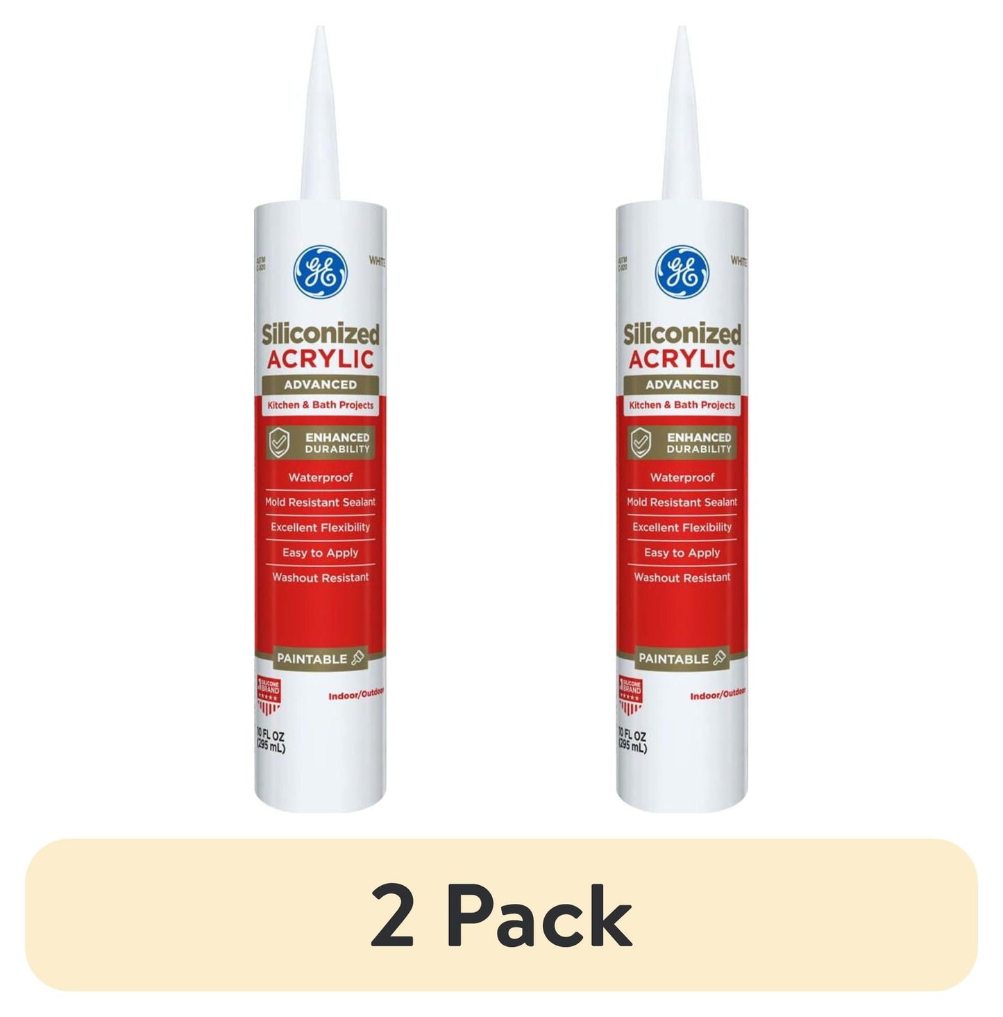 (2 pack) GE Siliconized Acrylic Advanced Sealant Kitchen & Bath, Pack of 1, White 10 fl oz Cartridge