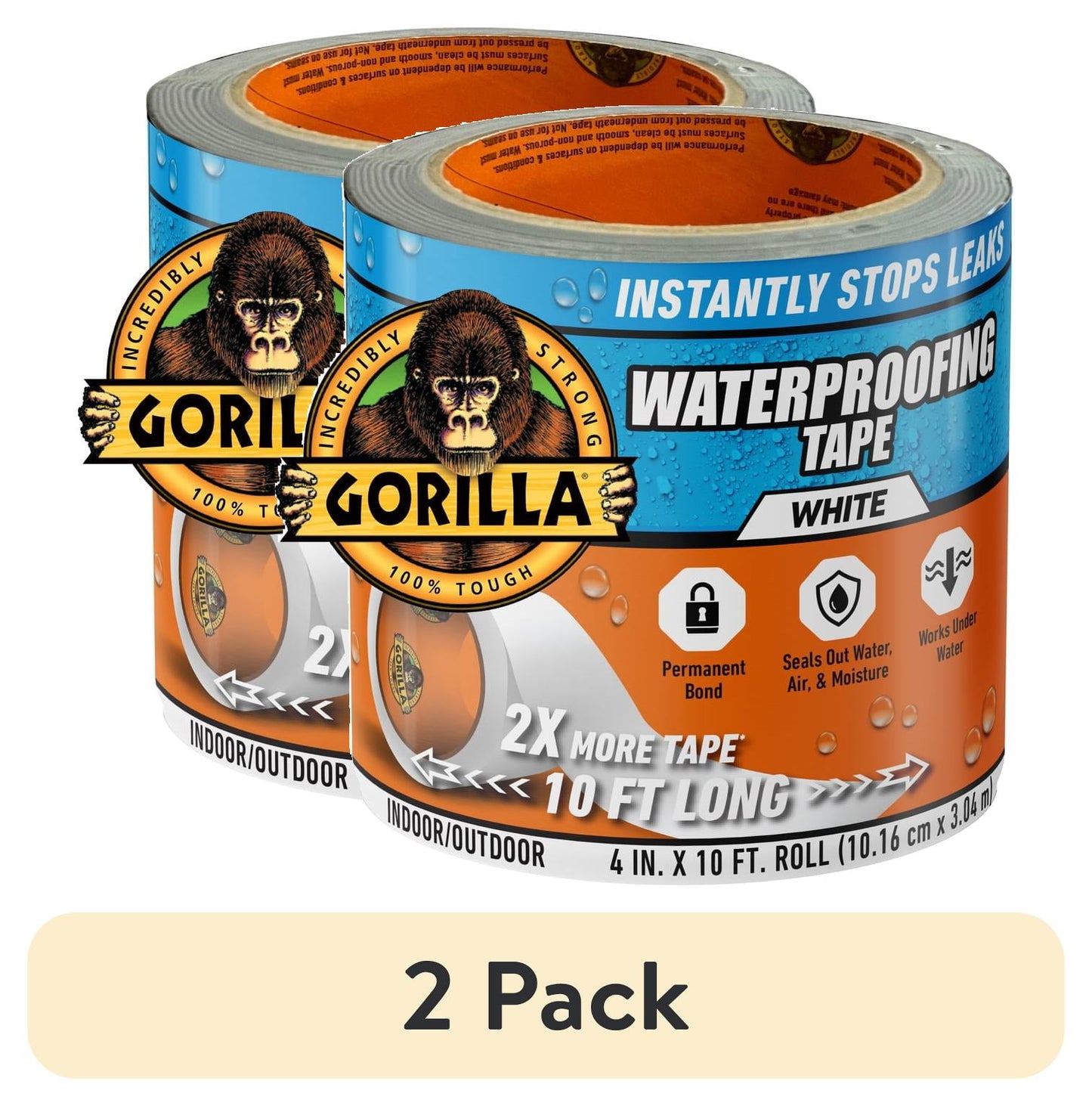 (2 pack) Gorilla Glue White Waterproof Patch and Seal Repair and Sealant Tape, 10 Foot Roll