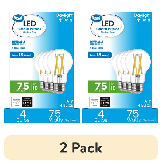 (2 pack) Great Value 18YR A19 LED Light Bulb, 10W (75W Equivalent) Dimmable Daylight E26 Medium Base (4 Pack)