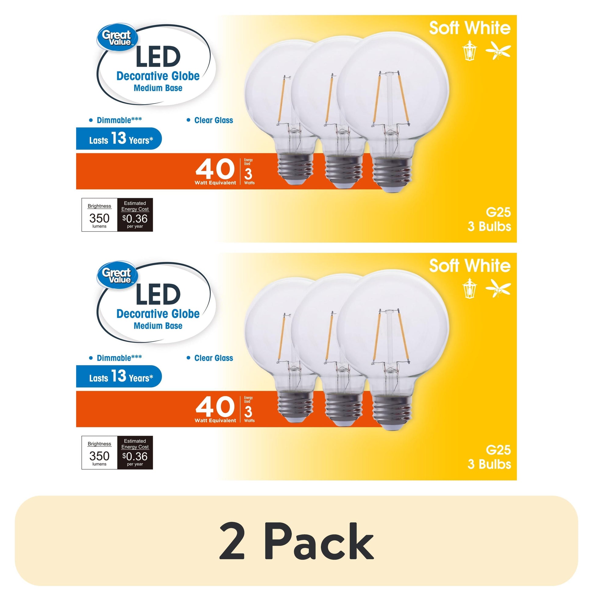 (2 pack) Great Value G25 LED Light Bulb, 3-Watt (40W Equivalent) Soft White Decorative Globe E26 Base Dimmable - 3 Pack
