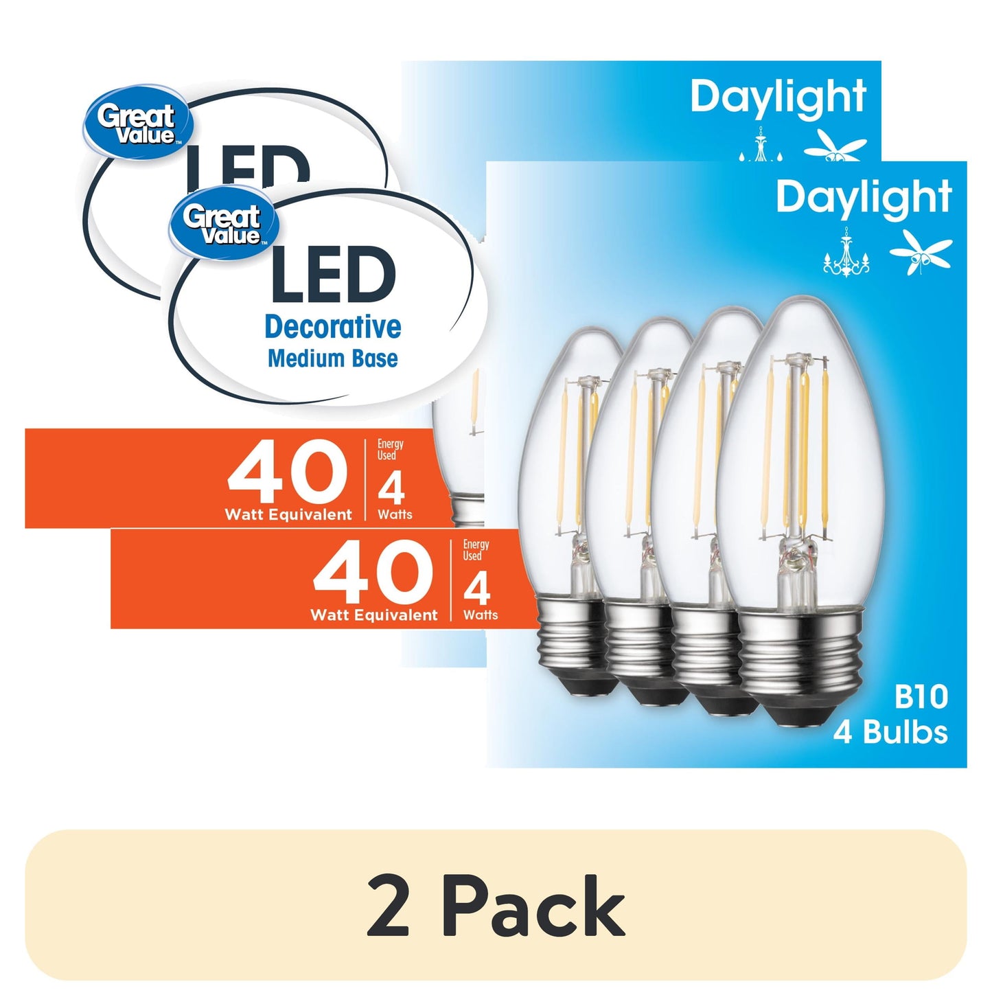 (2 pack) Great Value B10 LED 4W (40W Equivalent) Daylight Decorative E26 Medium Base Light Bulbs, Dimmable, 4 Pack