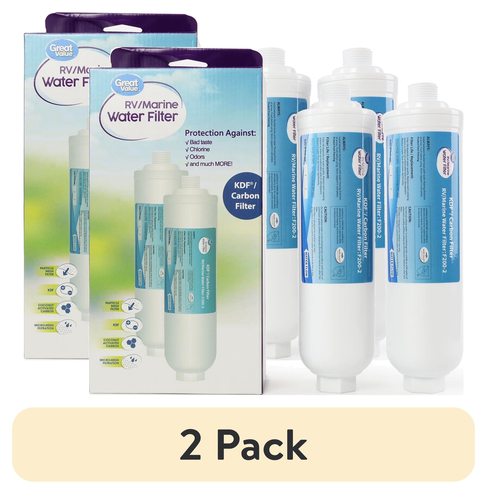 (2 pack) Great Value RV Water Filter 2 Pack for RV/Marine/Camping/Garden/Bathtub Use, F200-2, Activated Carbon Block, White
