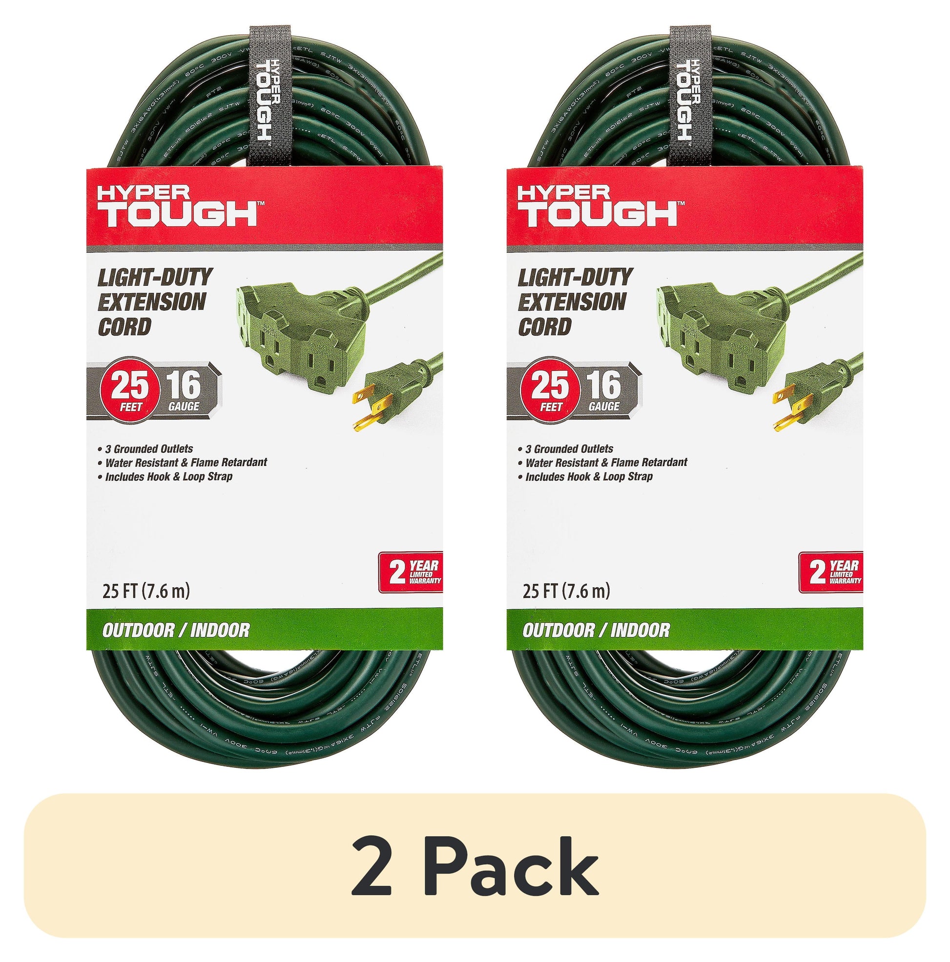 (2 pack) Hyper Tough 25FT 16AWG Green 3 Prong Triple Outlet Outdoor Extension Cord, 13 Amps