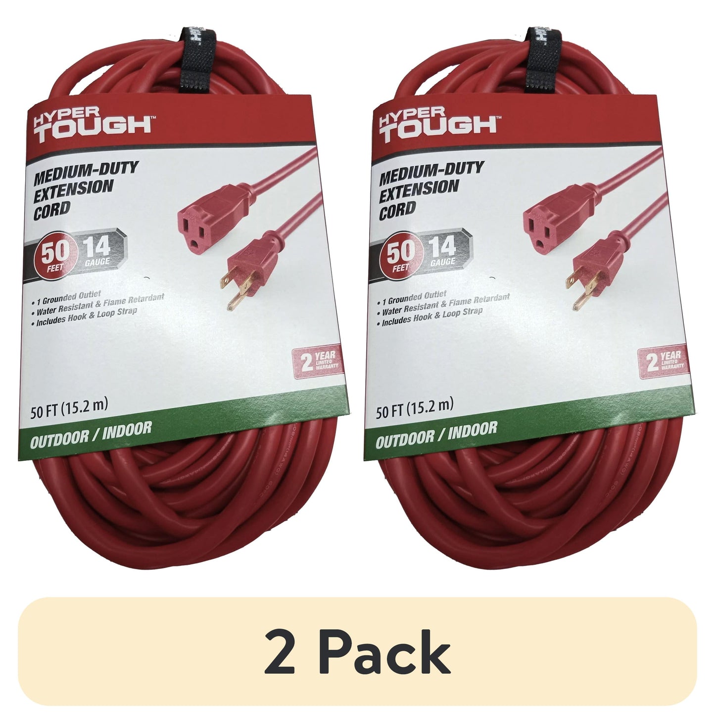(2 pack) Hyper Tough 50FT 14AWG 3 Prong Red Extension Cord for Indoor and Outdoor Use, 15 Amps