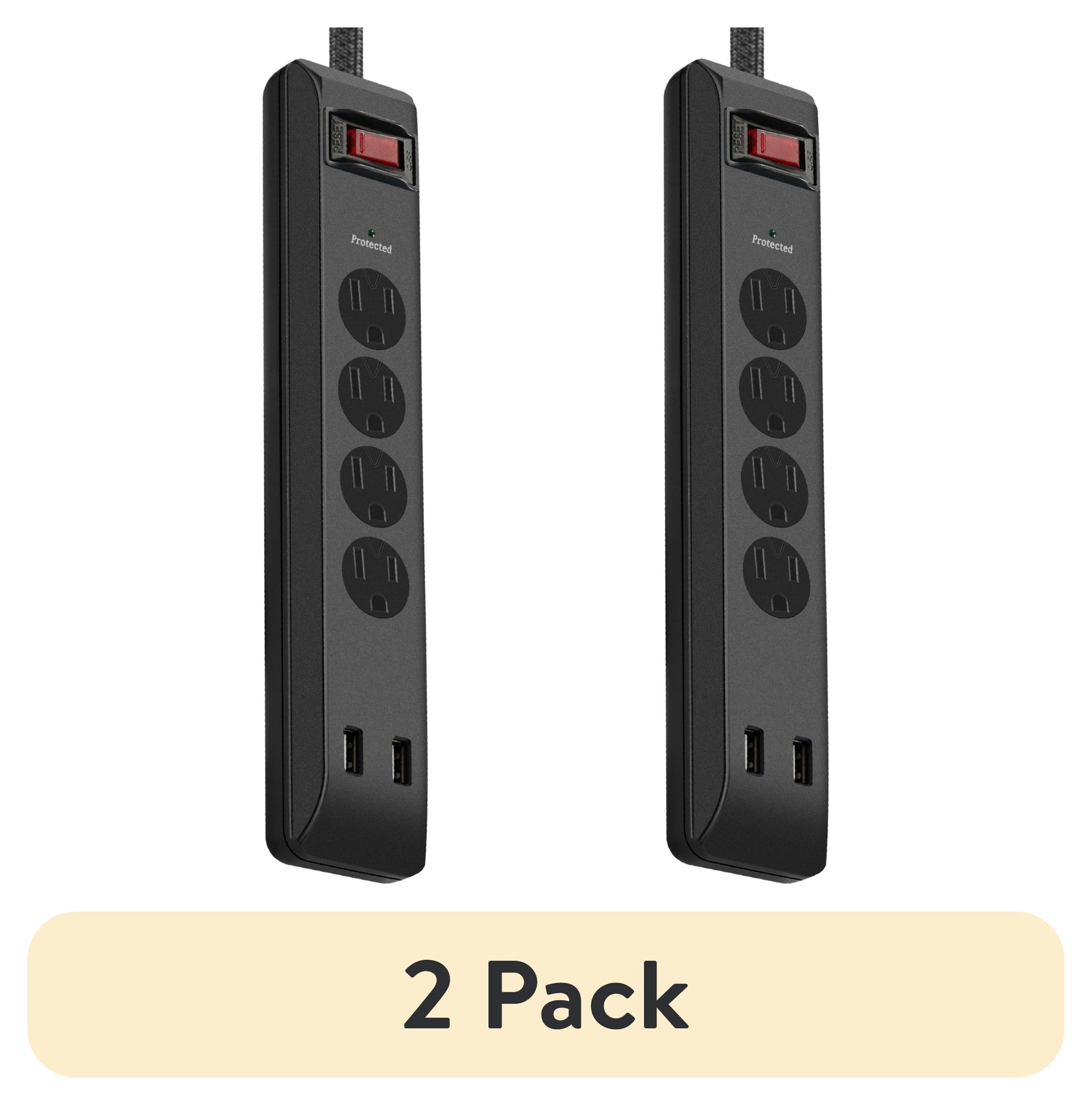 (2 pack) Hyper Tough Surge Protector Power Strip with USB, 4 Outlets, 10 ft Braided Extension Cord, Black