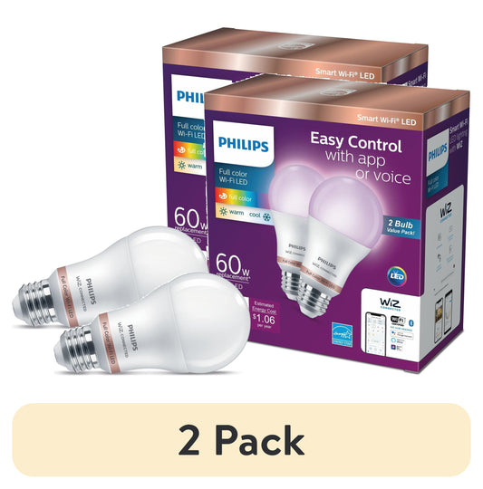 (2 pack) Philips Smart Wi-Fi Connected LED 60-Watt A19 Light Bulb, Frosted Color & Tunable White, Dimmable, E26 Medium Base (2-Pack)
