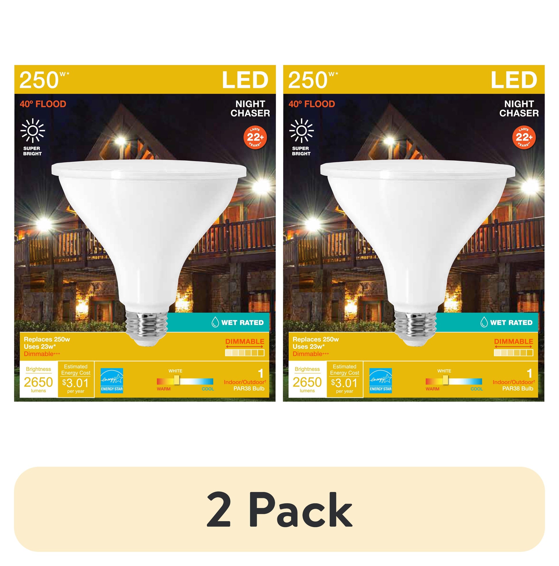 (2 pack) SYLVANIA PAR38 Night Chaser LED Light Bulb 250W, 40* Beam Spread, Dim, Neutral White, 13 yr