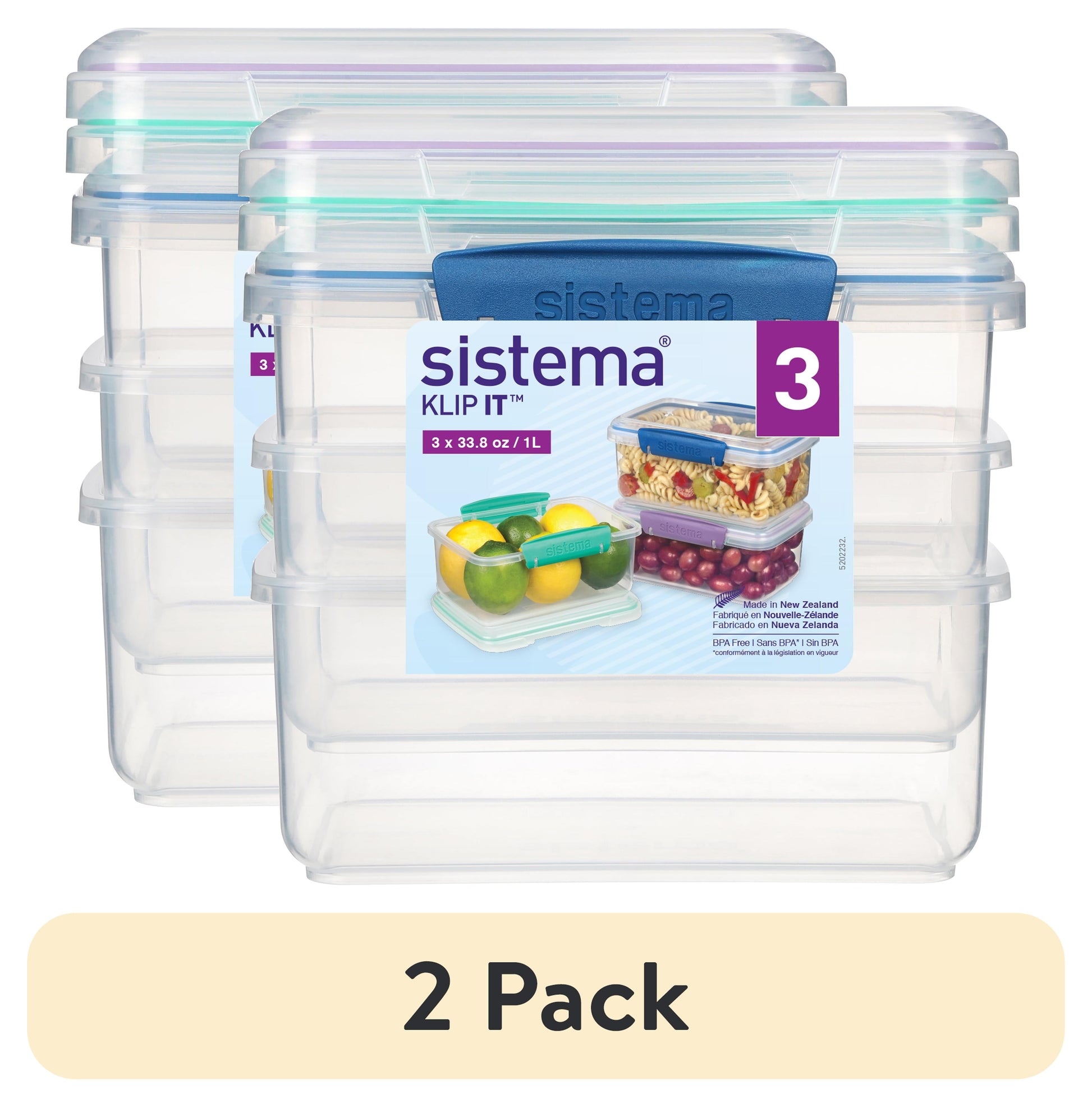 (Paquete de 2) Contenedores de Almacenamiento de Alimentos de PlÃ¡stico de 4.1 Tazas Sistema KLIP IT, Juego de 3