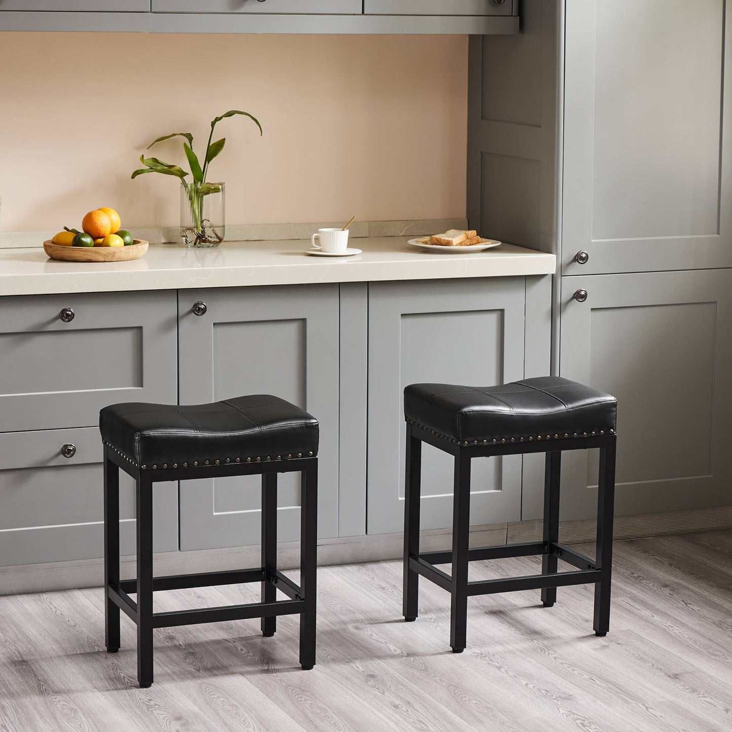 24 inch Saddle Bar Stools Set of 2 Leather Counter Height Bar Stools for Kitchen Island PU Sadless Stools Chair with Metal Footrest, Black