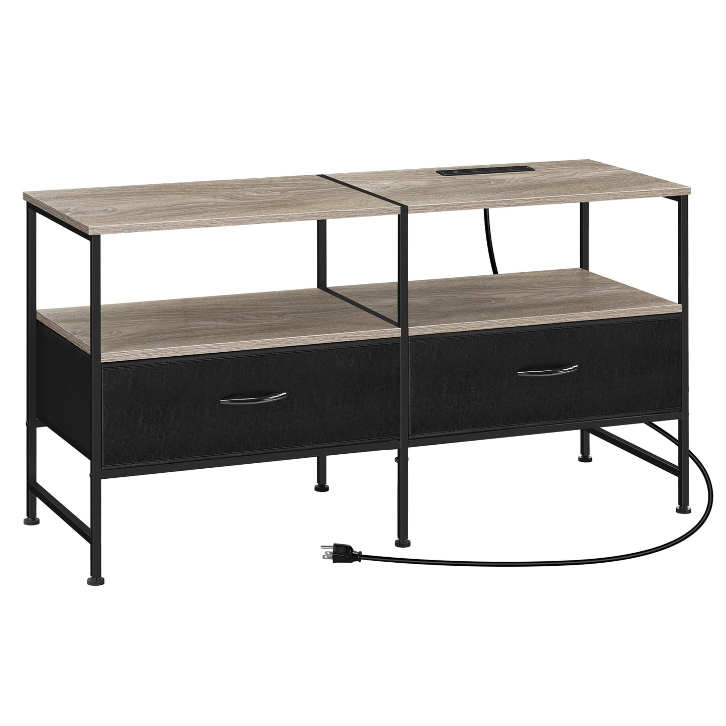 25"H Raised TV Stand Industrial TV Stand with Fabric for Living Room, Bedroom with Charging Stake Gray