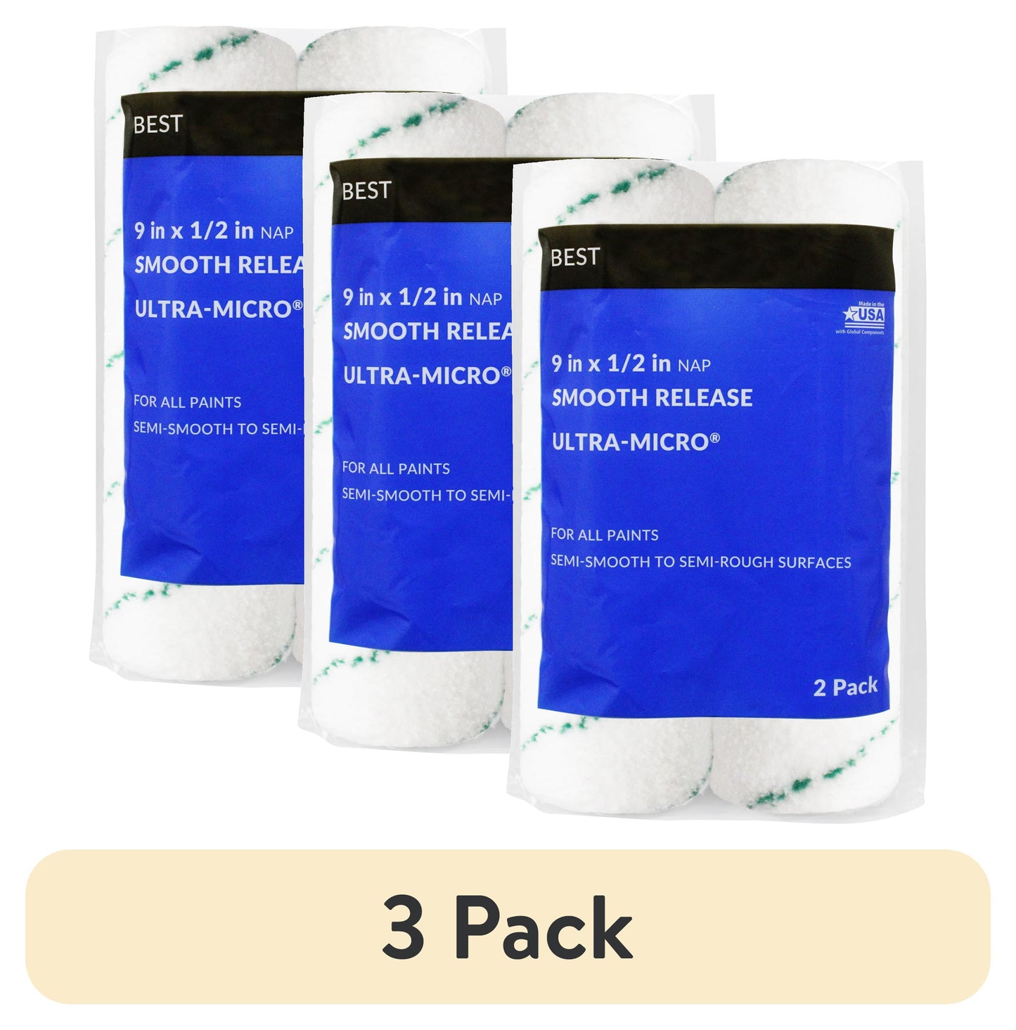 (3 pack) BEST 9" x 1/2" Ultra Microfiber Roller Covers 2-Pack