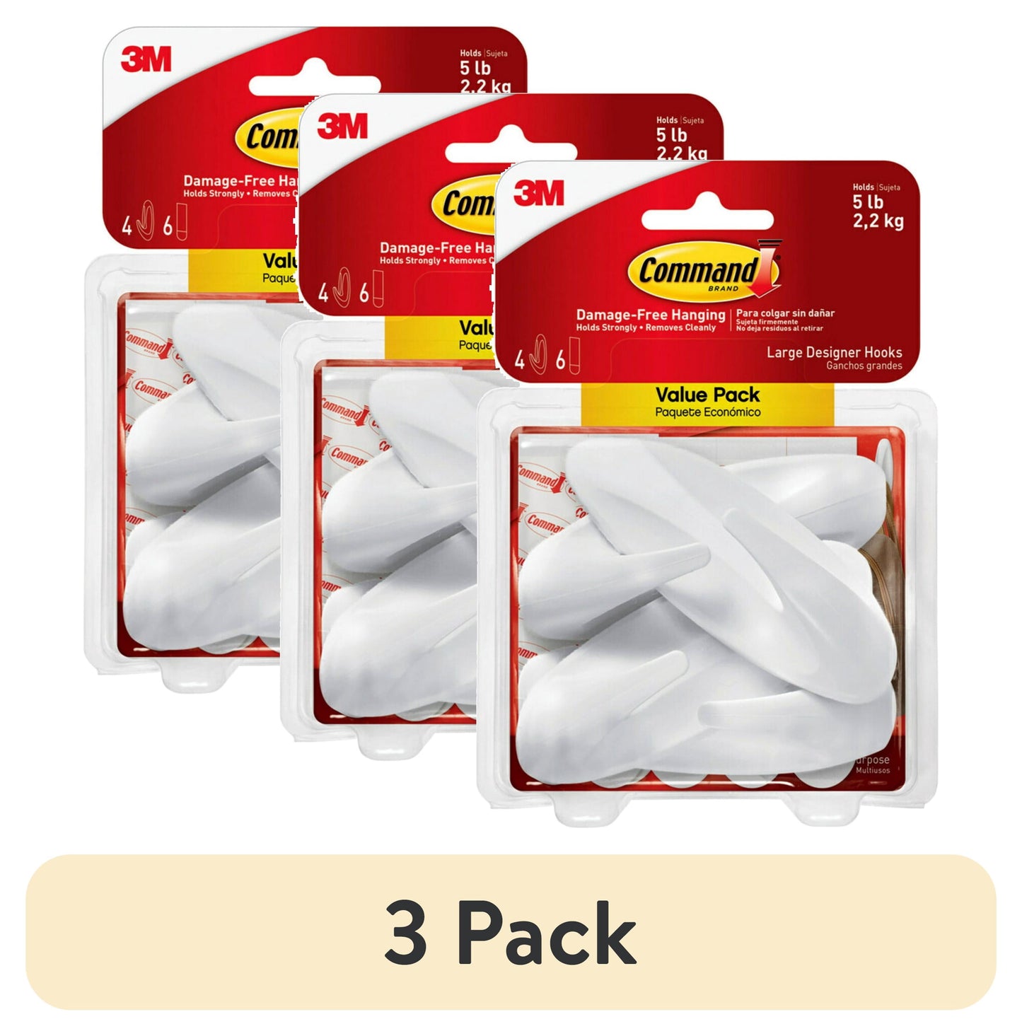 (3 pack) Command Large Designer Hooks, White, 4 Wall Hooks, Damage-Free Hanging