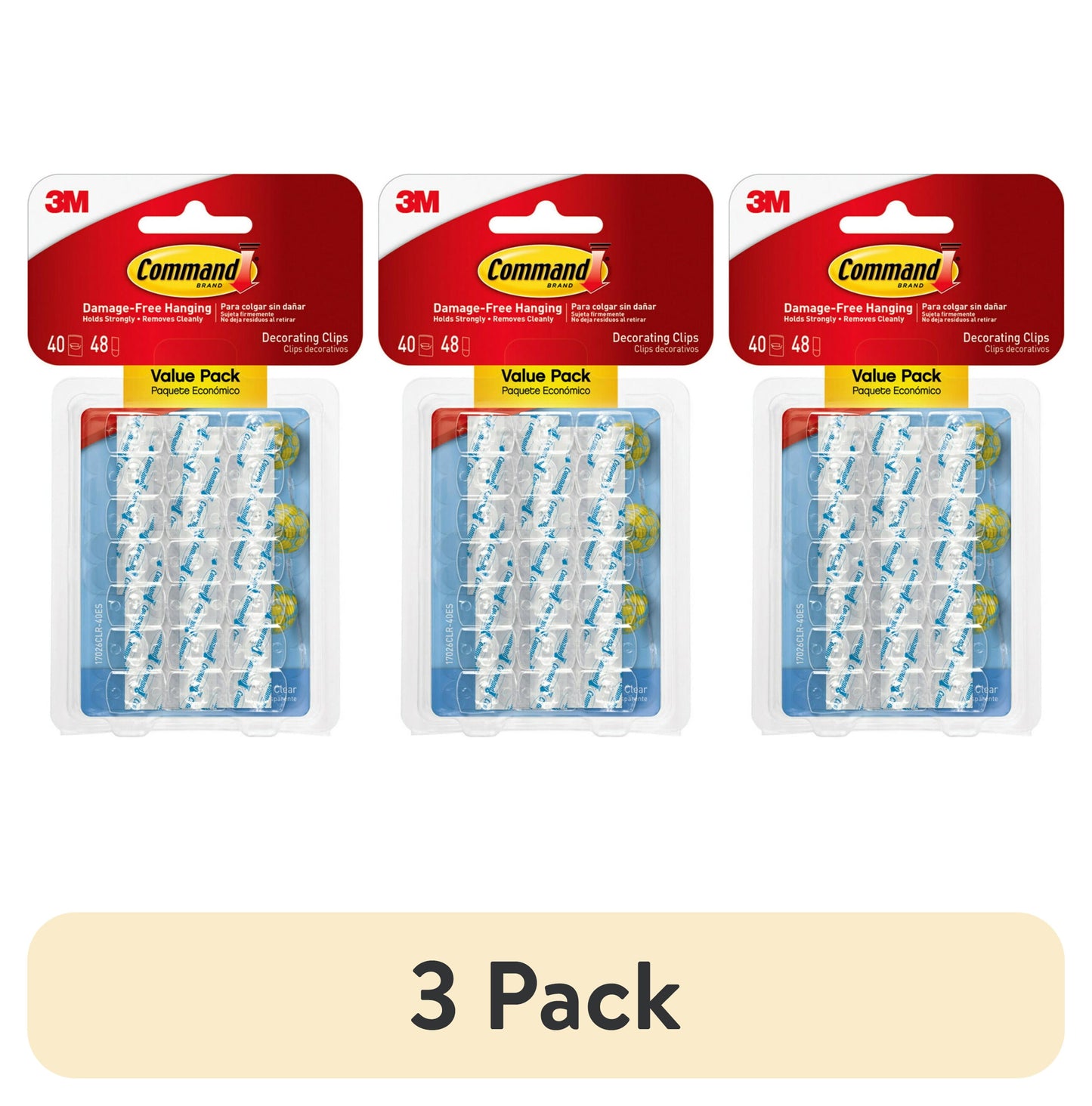 (3 pack) Command Light Clips Value Pack, Clear, Hang Lights, 40 Clips and 48 Strips, Holiday Decorating