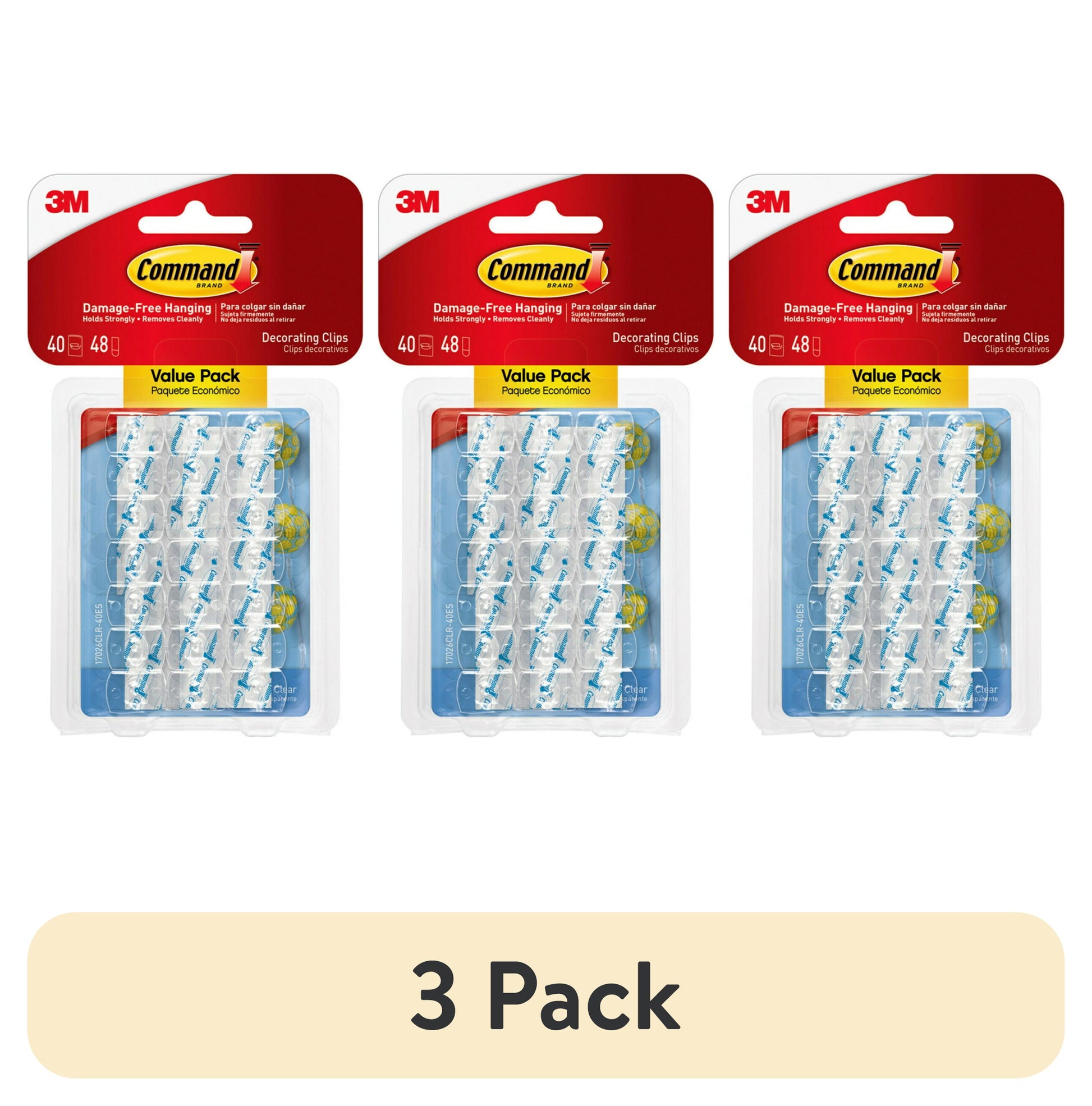 (3 pack) Command Light Clips Value Pack, Clear, Hang Lights, 40 Clips and 48 Strips, Holiday Decorating