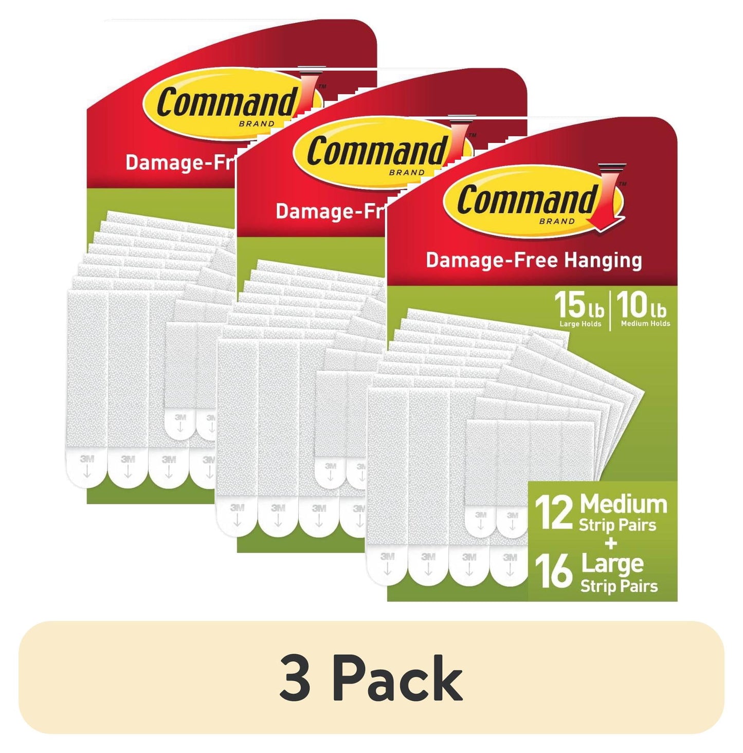 (3 pack) Command Medium and Large Picture Hangers, Holds 10 & 15 lbs, White, 12 Medium, 16 Pairs Large Adhesive Strips