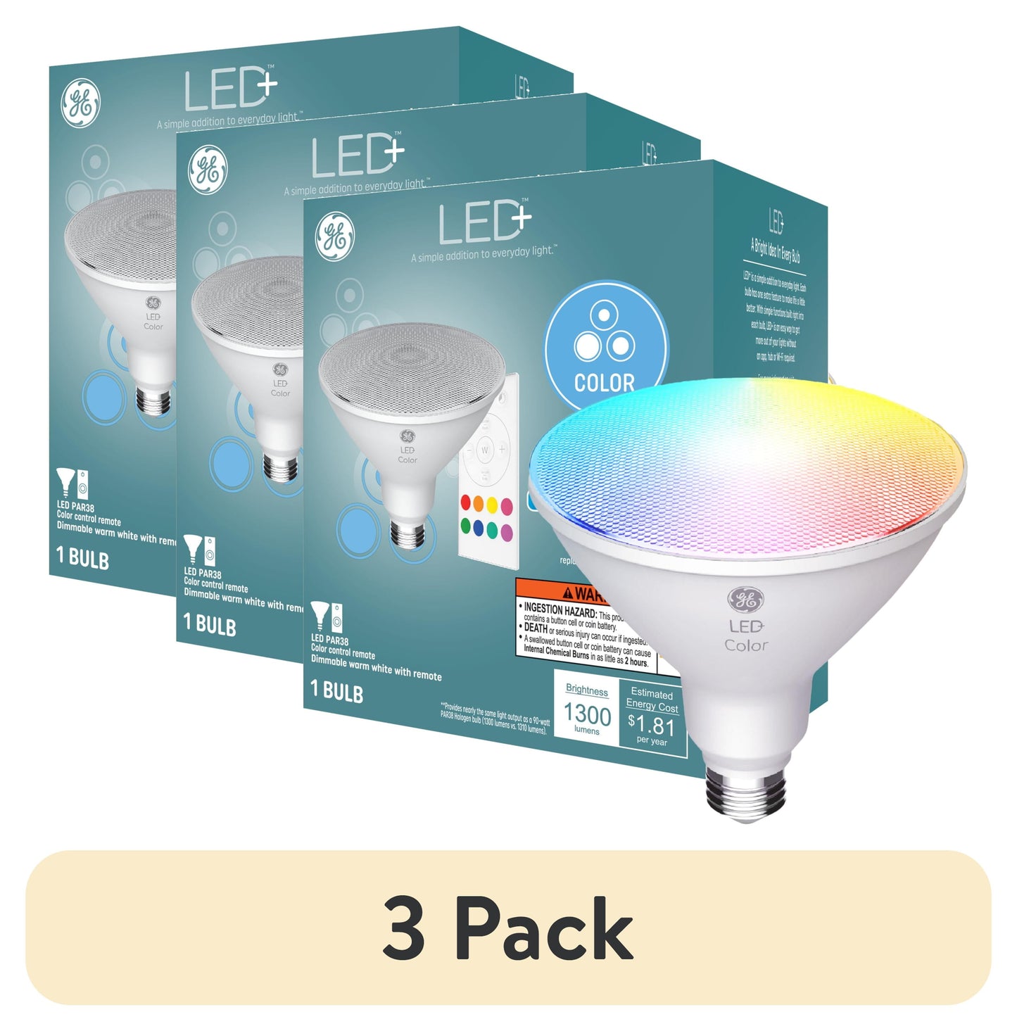 (3 pack) GE PAR38 LED+ Color Changing LED Light Bulb, 90 Watts, Outdoor Floodlight, 1pk