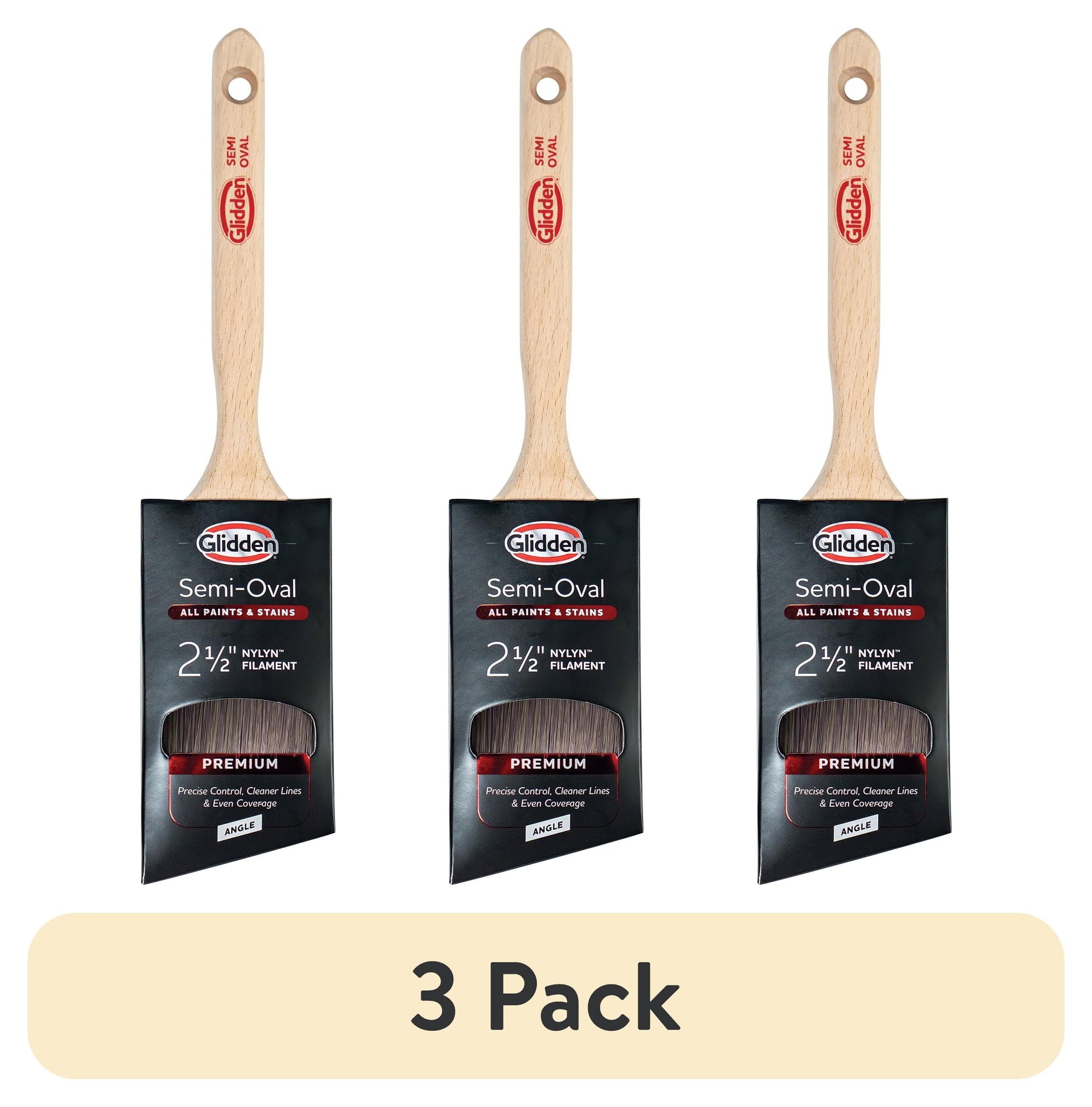 (3 pack) Glidden Semi-Oval Paintbrush with Wood Handle, Angled Sash, 2.5 Inch