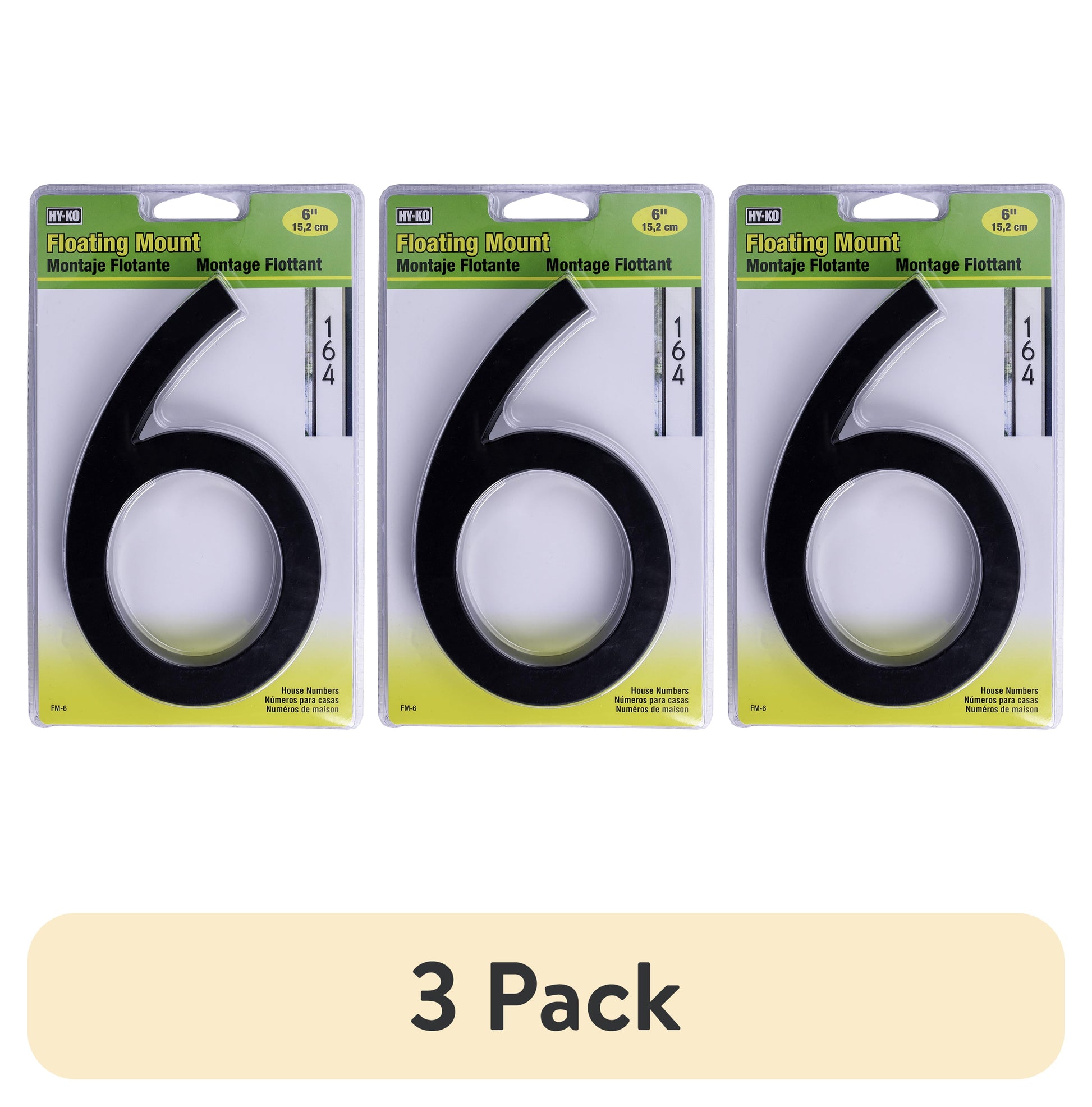 (3 pack) HY-KO 6" Black Floating Mount House Number 6