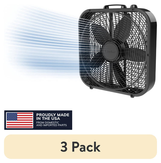(3 pack) Lasko 20" Cool Colors Classic Box Fan with Weather-Resistant Motor, Portable Cooling Floor or Window Fan, 3 Speeds, Black, B20301