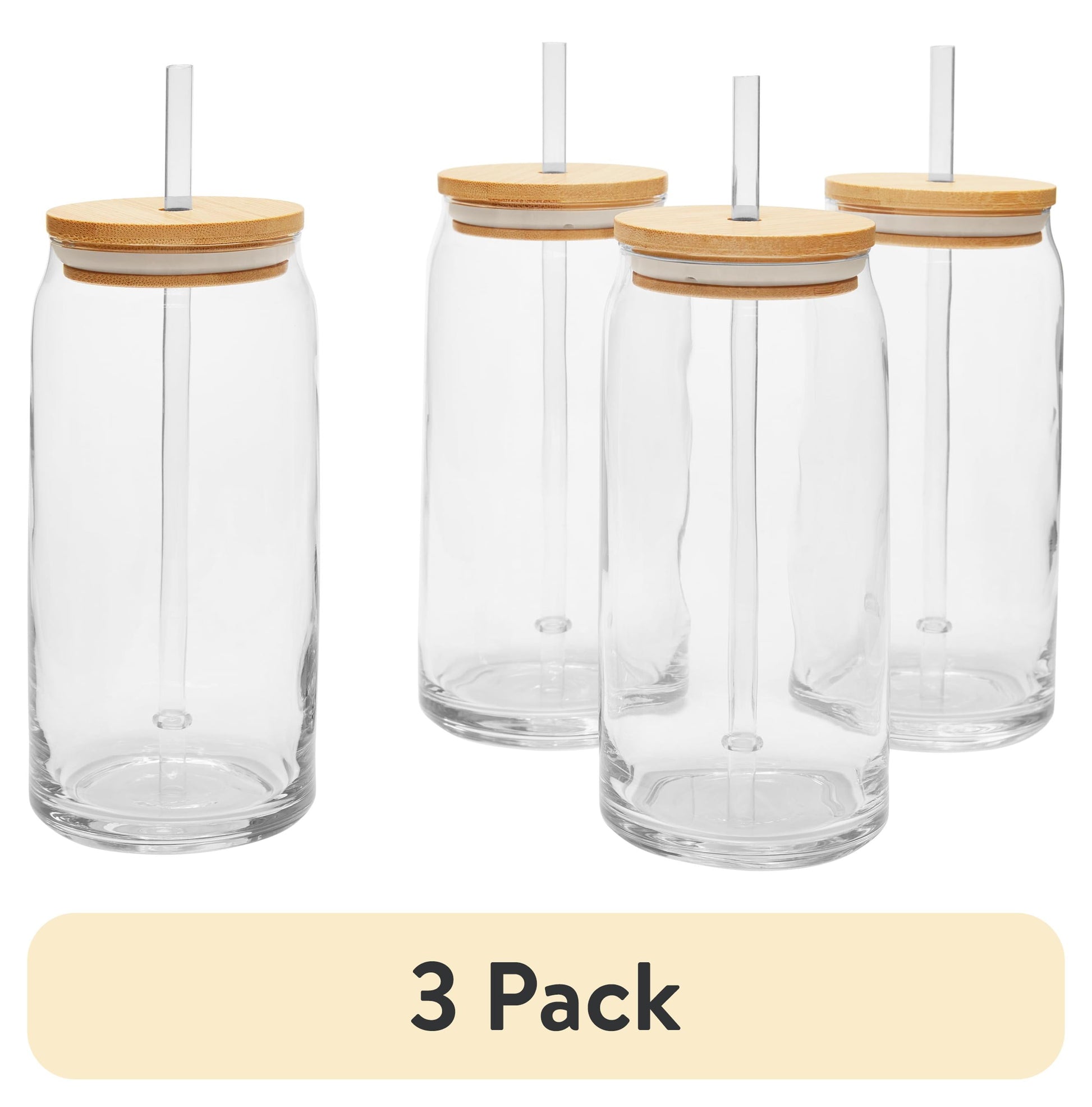 (3 pack) Mainstays Briar Can Glass Drinkware with Lids & Straws, Set of 4