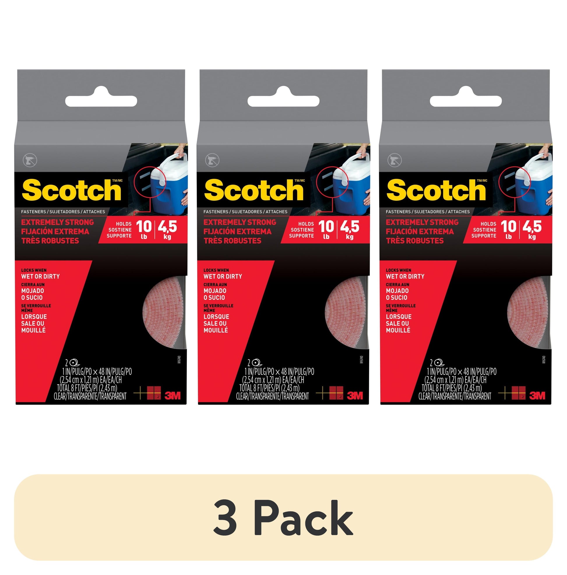 (3 pack) Scotch Clear Hook & Loop Fasteners, Heavy Duty, Holds 10 lbs, 1 in x 4 ft, 2 Count