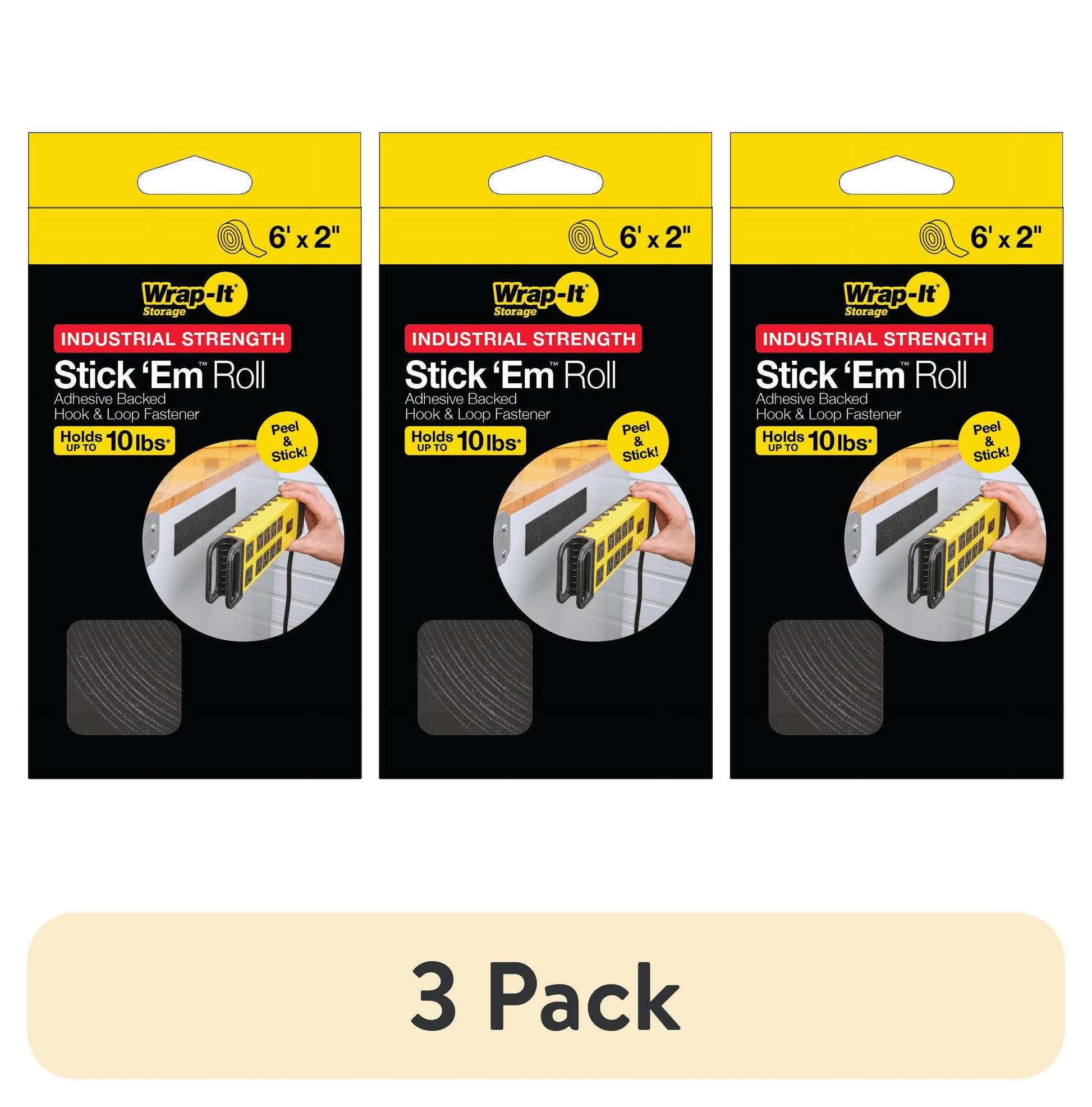 (3 pack) Stick 'Em Fuerza Industrial Rollo de Brasier Adhesivo de Gancho y Bucle de 6'x2â€