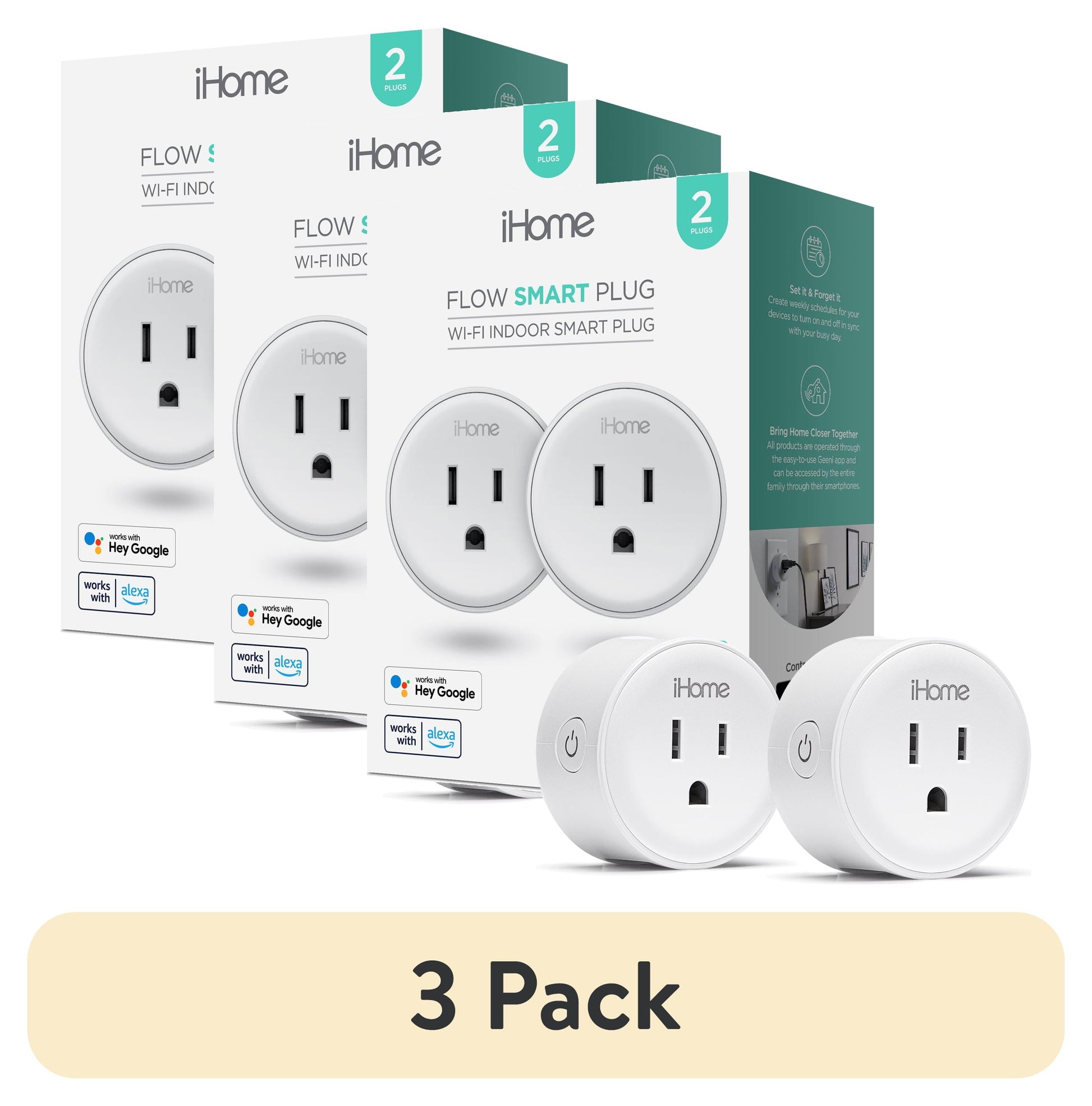 (3 pack) iHome Smart Plug, 10A Wi-Fi Outlet, Works with Alexa & Google Home, App Control, Timer, White, 2-Pack