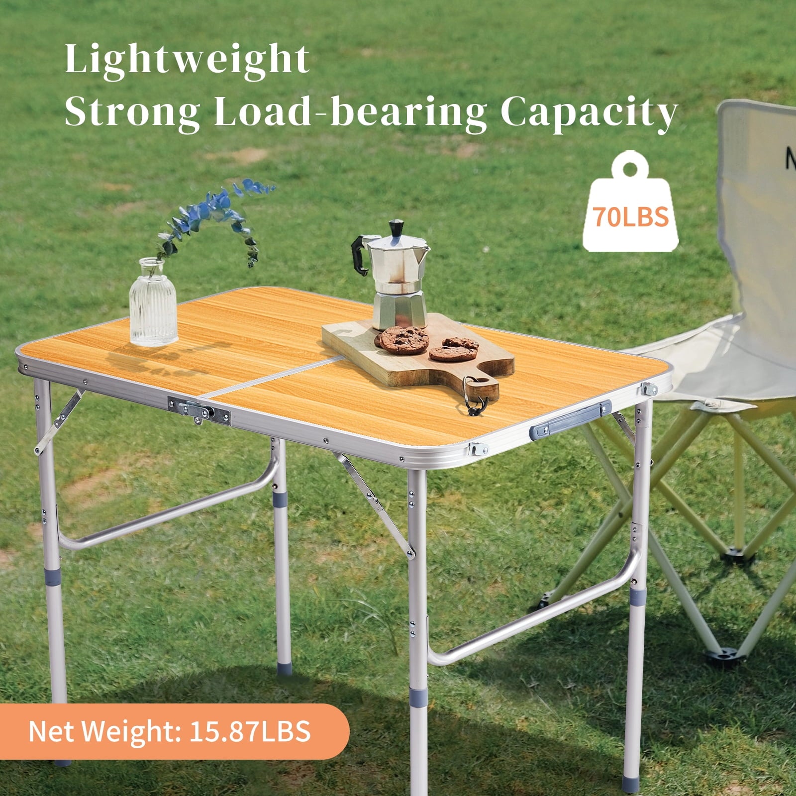 3ft Aluminum Alloy Folding Table wood grain color