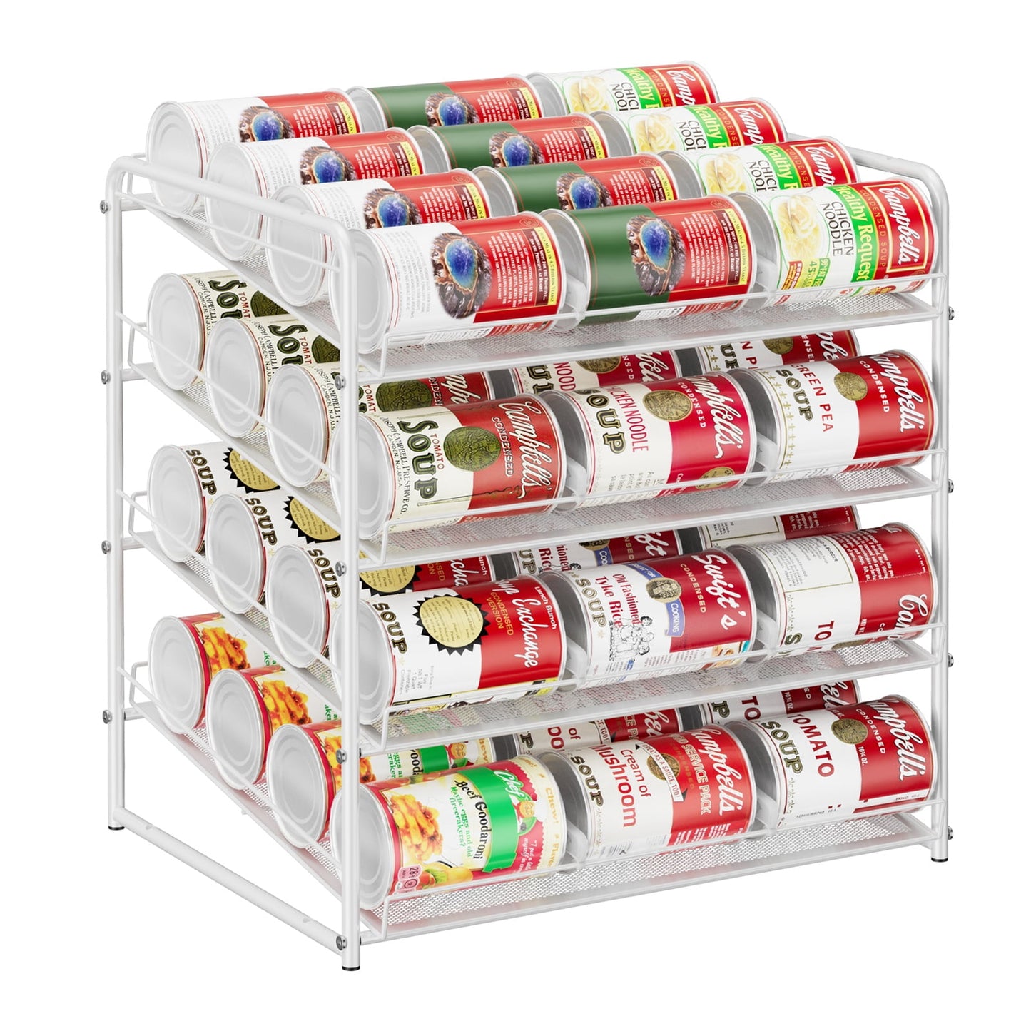 4-Shelf Can Rack Black, Metal Storage Organizer for Kitchen Pantry, Canned Food Holder with Large Capacity White