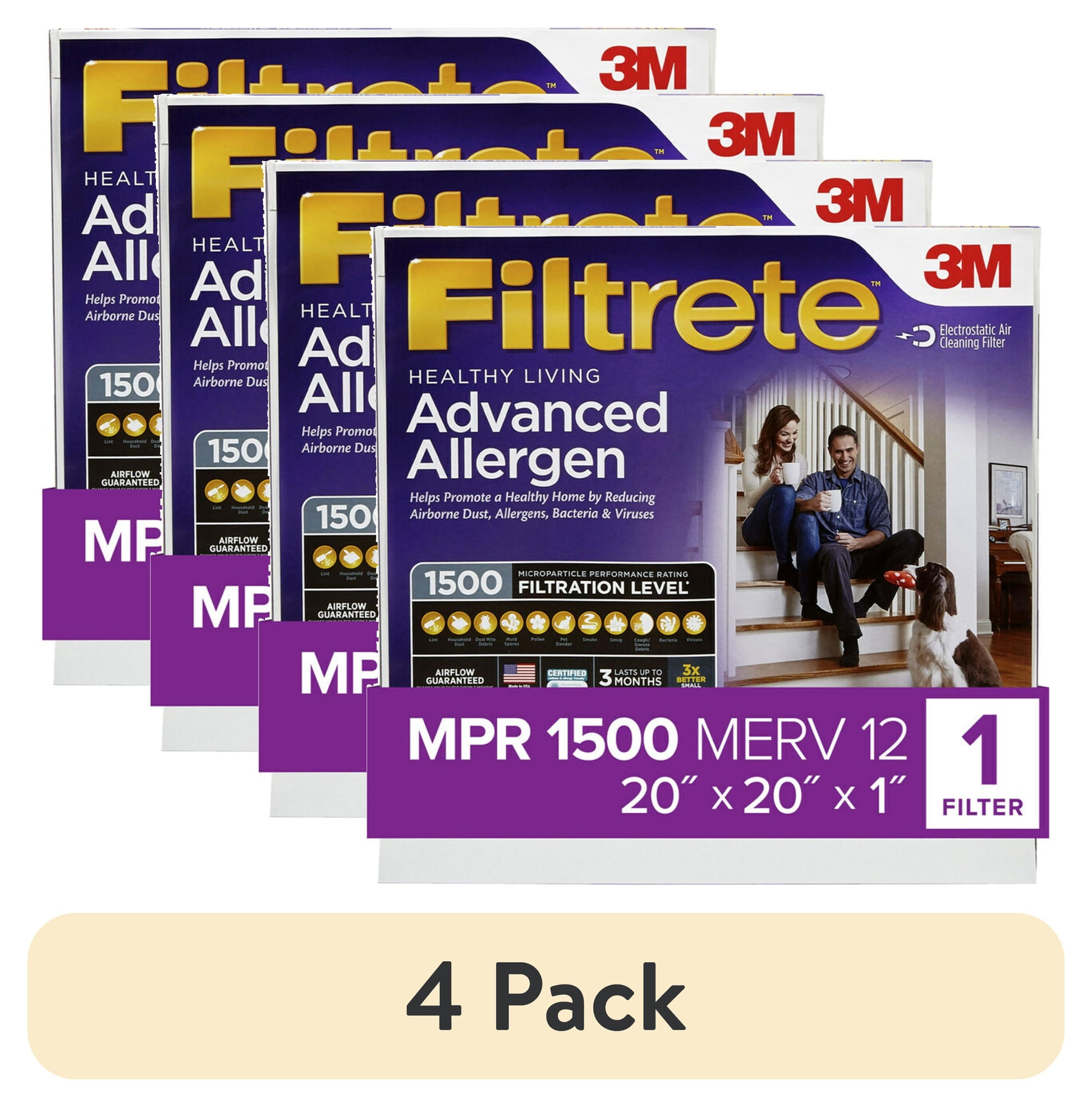 (4 pack) Filtrete 20x20x1 Air Filter, MPR 1500 MERV 12, Advanced Allergen Reduction, 1 New Filter