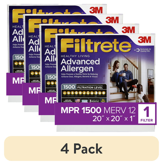 (4 pack) Filtrete 20x20x1 Air Filter, MPR 1500 MERV 12, Advanced Allergen Reduction, 1 New Filter