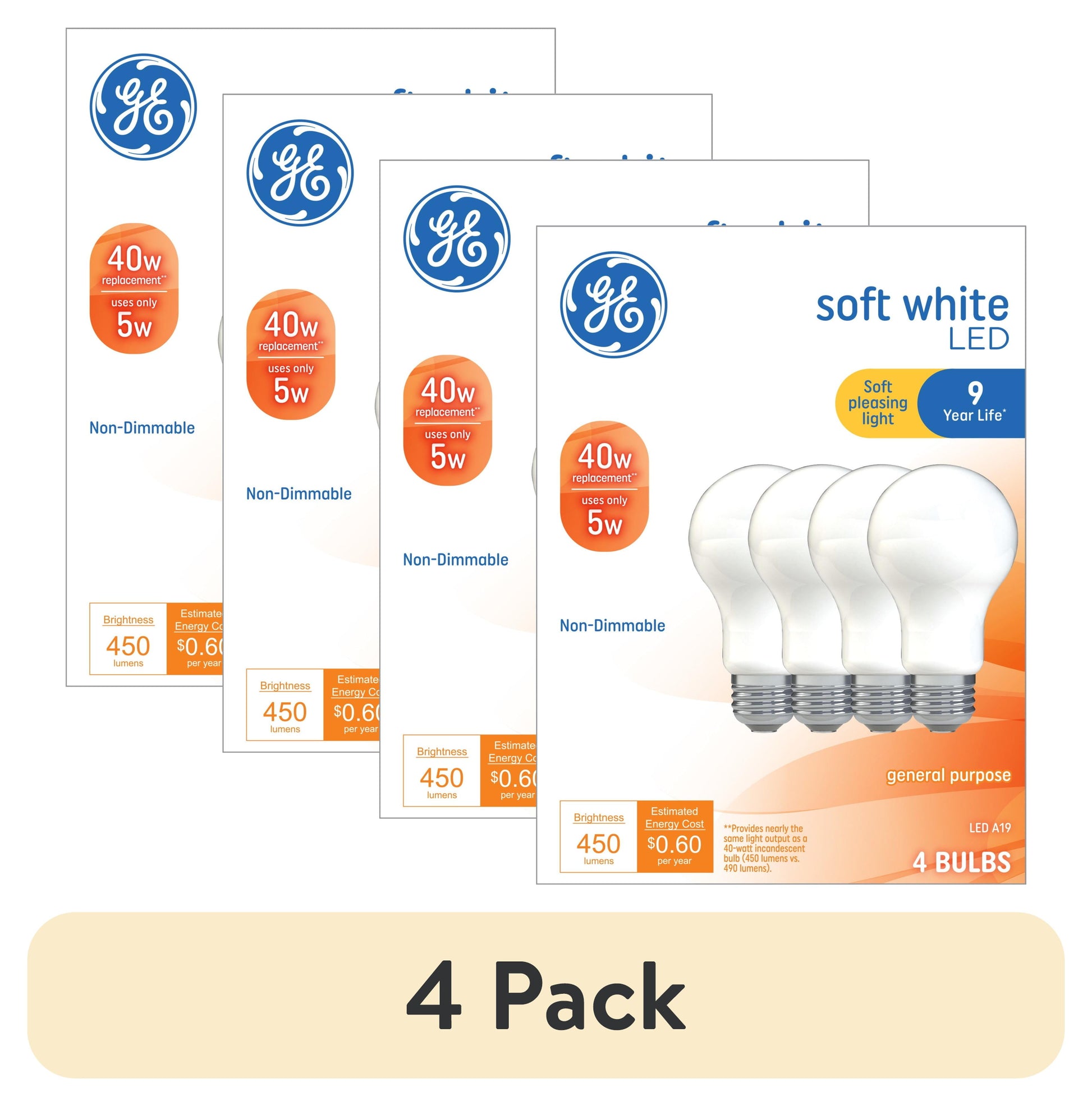 (4 pack) GE LED Light Bulbs, 40 Watts, Soft White, A19 Bulbs, Medium Base, Frosted Finish, 9yr, 4pk
