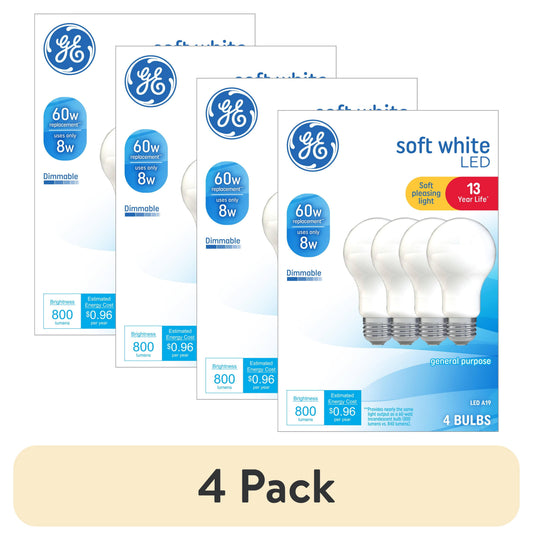 (4 pack) GE LED Light Bulbs, 60 Watt, Soft White, A19 Bulbs, Medium Base, Frosted Finish, 13yr, 4pk