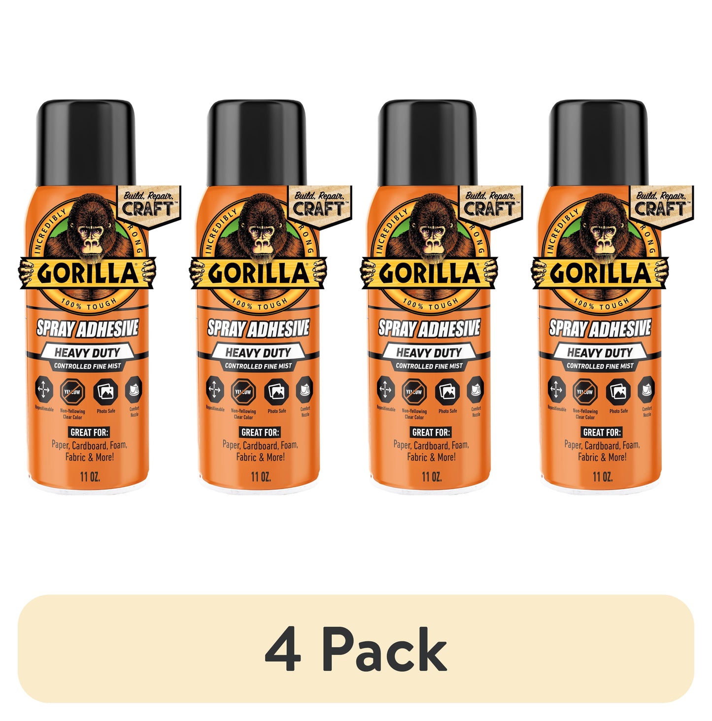 (4 pack) Gorilla Clear Spray Adhesive, 11 Ounce Can, New Condition